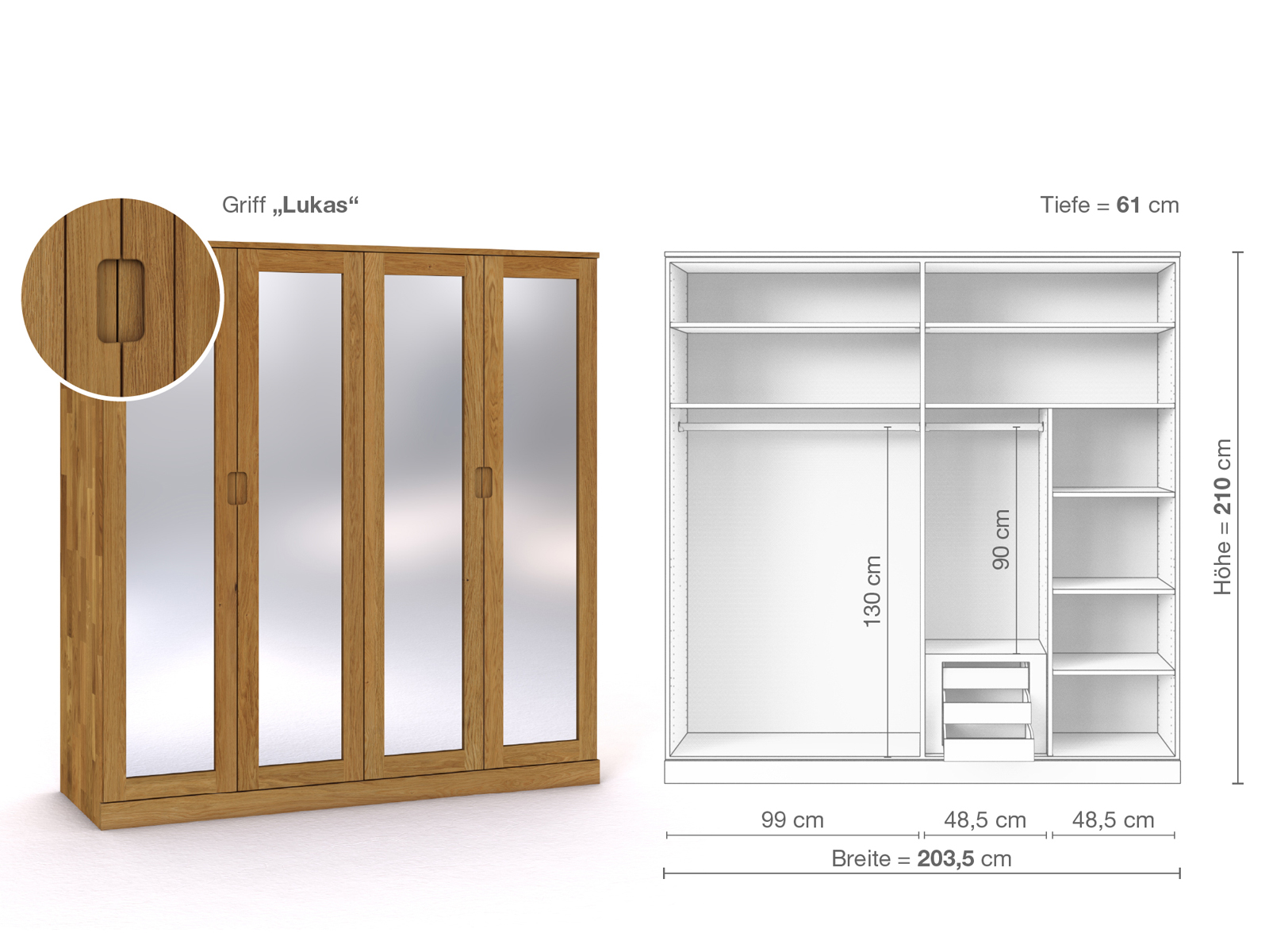 Eichenschrank „Alpenrose“, 4-türig, Höhe 210 cm, Griffausführung „Lukas“, Inneneinrichtung D