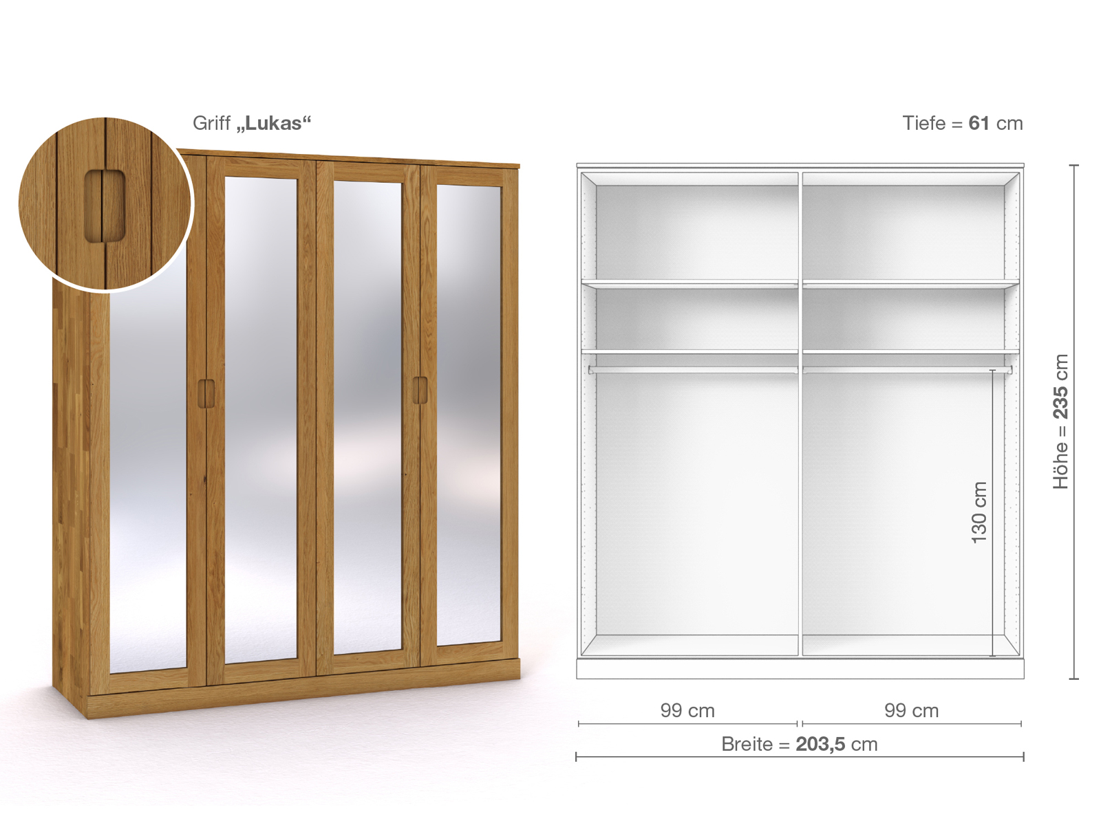 Eichenschrank „Alpenrose“, 4-türig, Höhe 235 cm, Griffausführung „Lukas“, Inneneinrichtung A