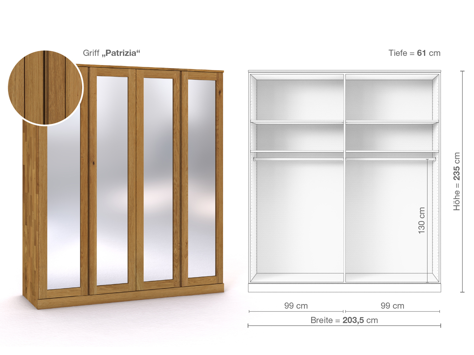 Eichenschrank „Alpenrose“, 4-türig, Höhe 235 cm, Griffausführung „Patrizia“, Inneneinrichtung A