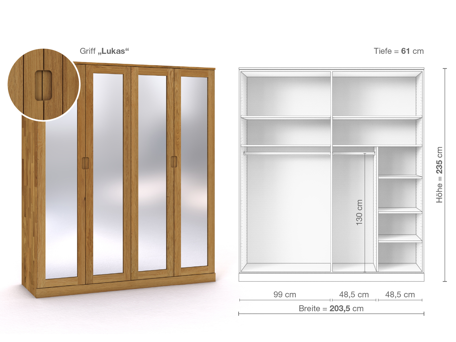 Eichenschrank „Alpenrose“, 4-türig, Höhe 235 cm, Griffausführung „Lukas“, Inneneinrichtung B