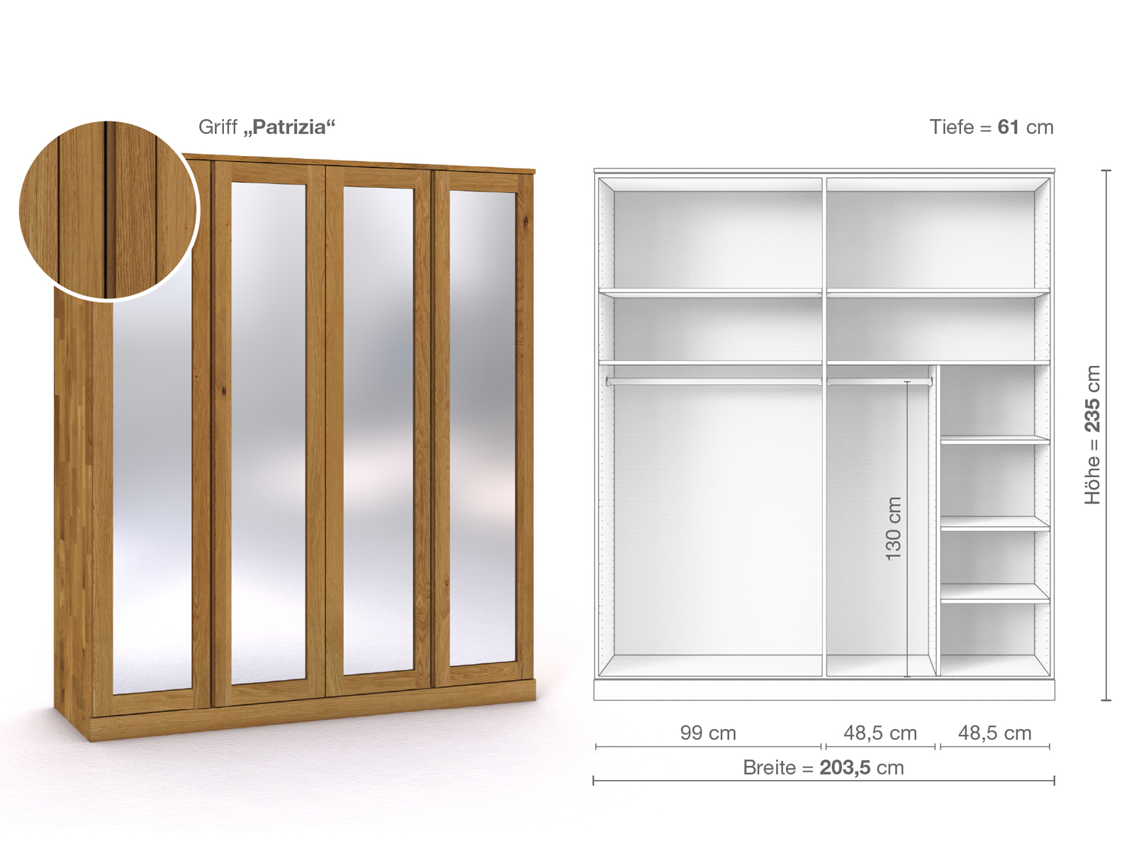 Eichenschrank „Alpenrose“, 4-türig, Höhe 235 cm, Griffausführung „Patrizia“, Inneneinrichtung B