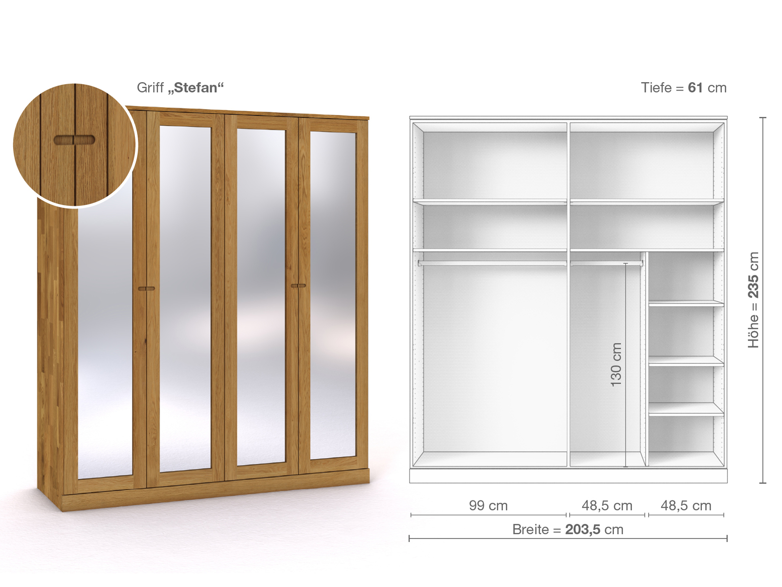 Eichenschrank „Alpenrose“, 4-türig, Höhe 235 cm, Griffausführung „Stefan“, Inneneinrichtung B