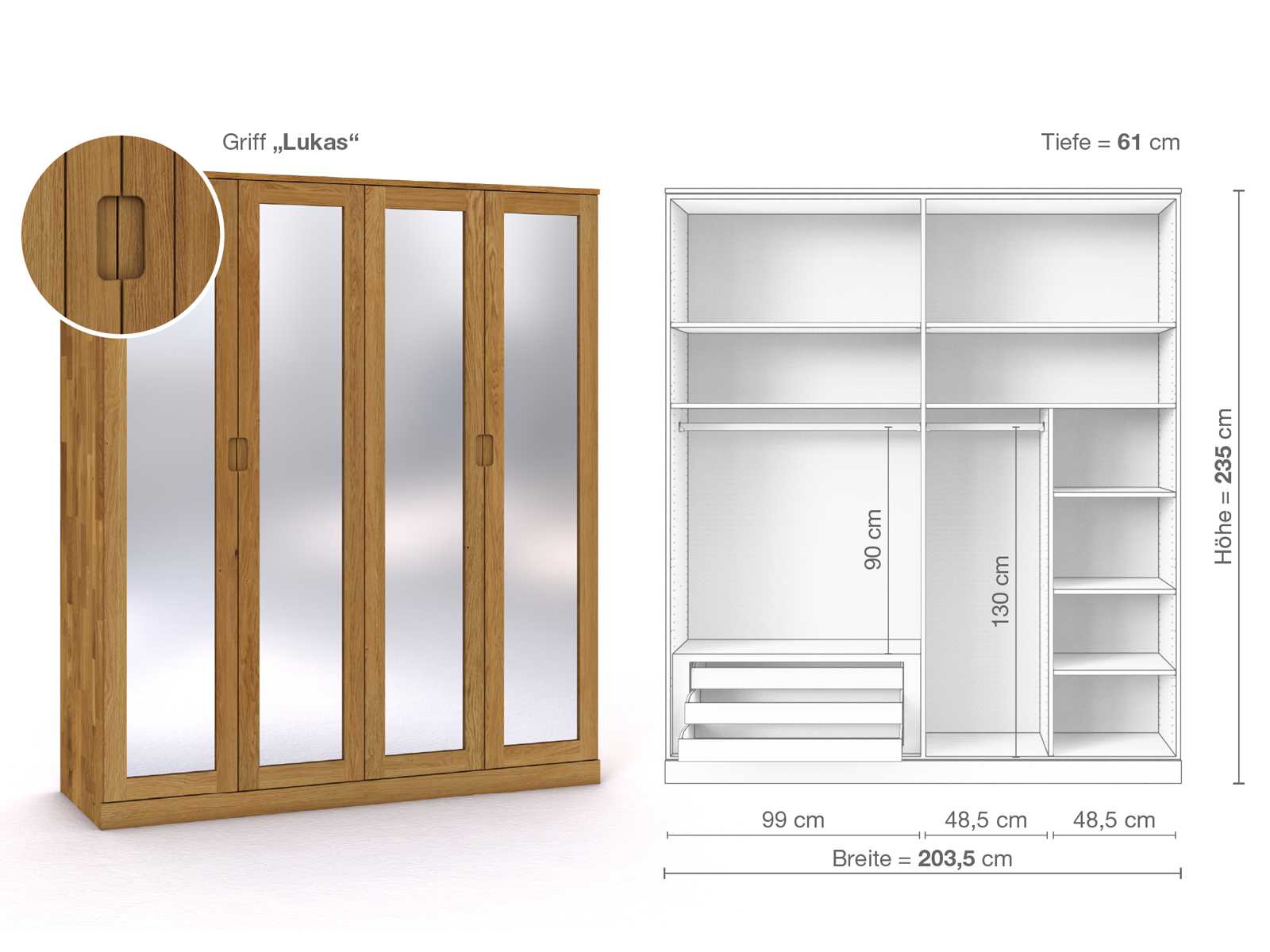 Eichenschrank „Alpenrose“, 4-türig, Höhe 235 cm, Griffausführung „Lukas“, Inneneinrichtung C