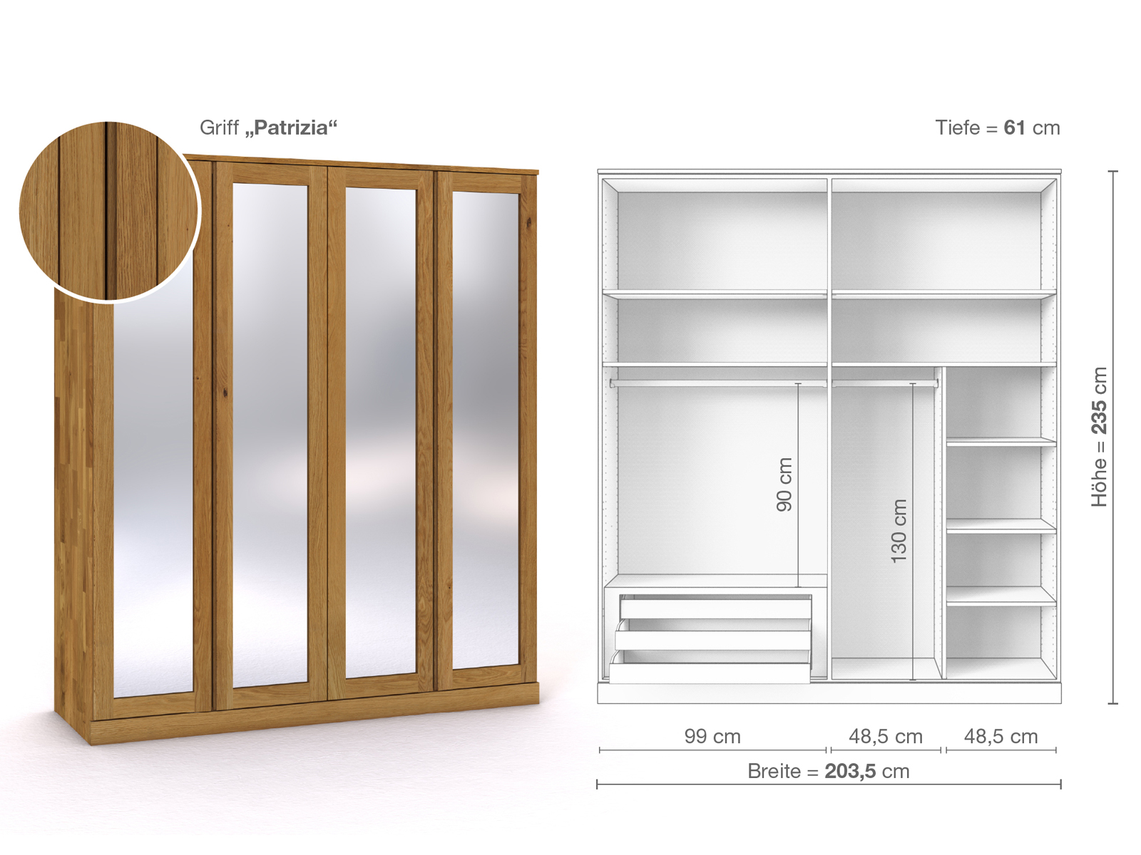 Eichenschrank „Alpenrose“, 4-türig, Höhe 235 cm, Griffausführung „Patrizia“, Inneneinrichtung C