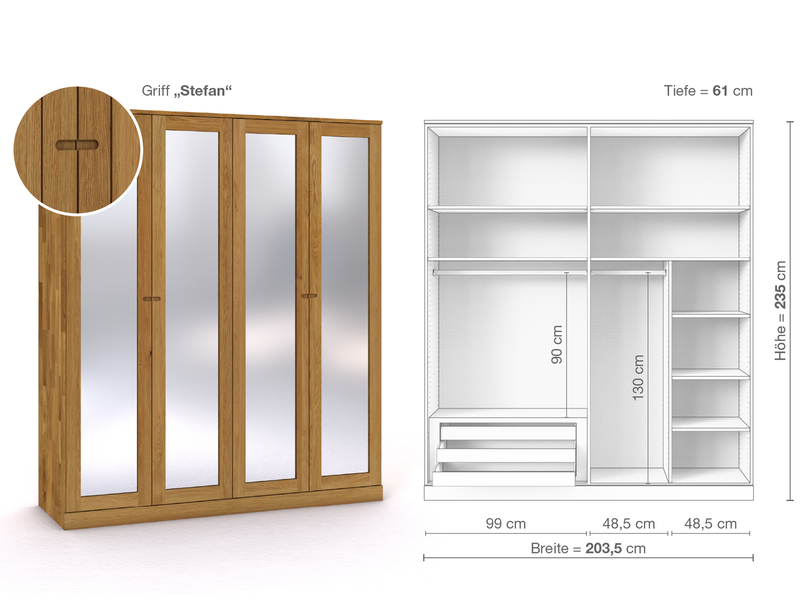Eichenschrank „Alpenrose“, 4-türig, Höhe 235 cm, Griffausführung „Stefan“, Inneneinrichtung C