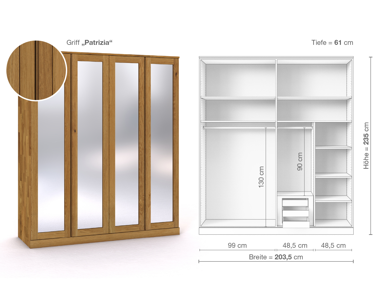 Eichenschrank „Alpenrose“, 4-türig, Höhe 235 cm, Griffausführung „Patrizia“, Inneneinrichtung D