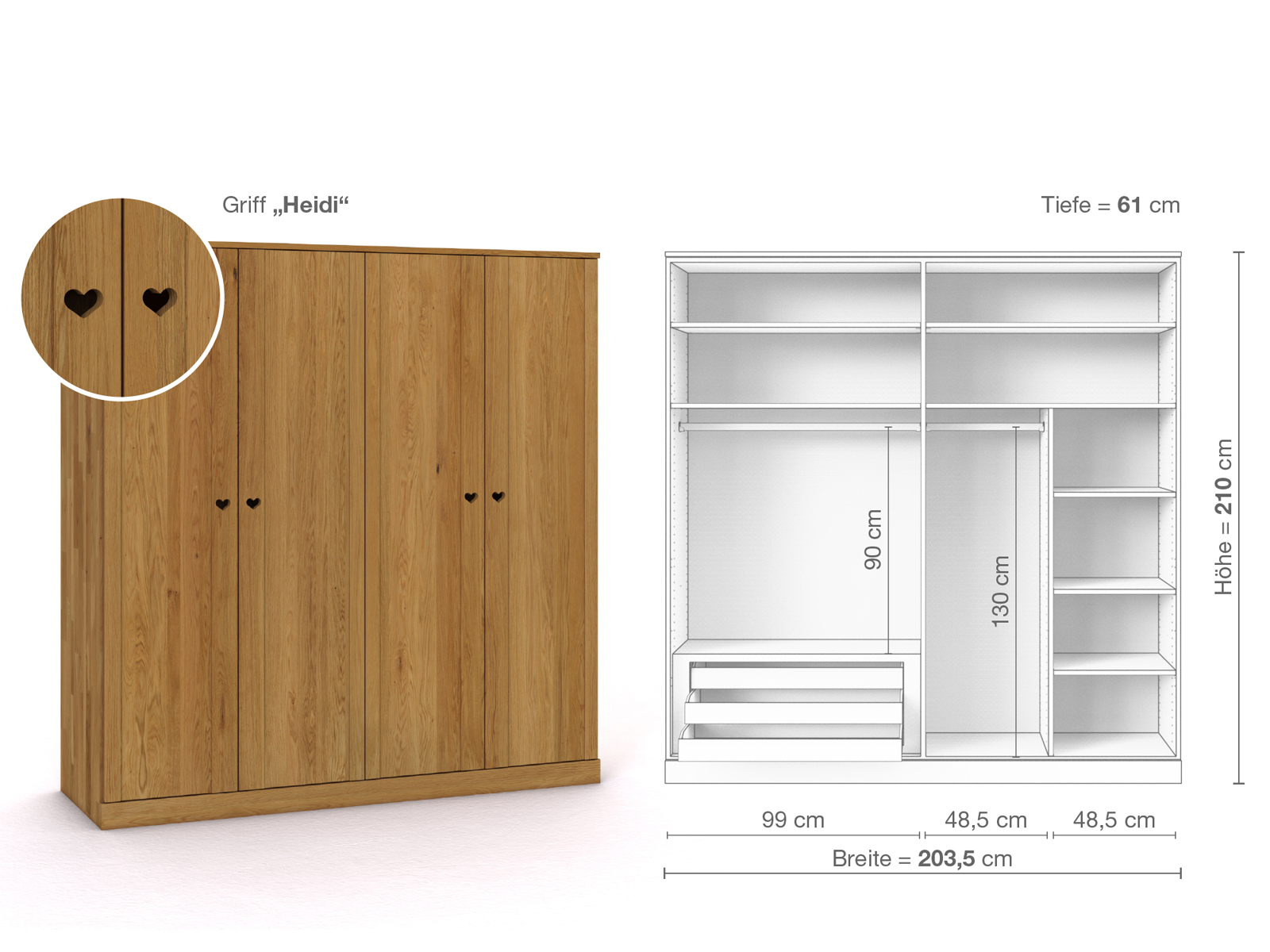 Eichenschrank „Arnika“, 4-türig, Höhe 210 cm, Griffausführung „Heidi“, Inneneinrichtung C