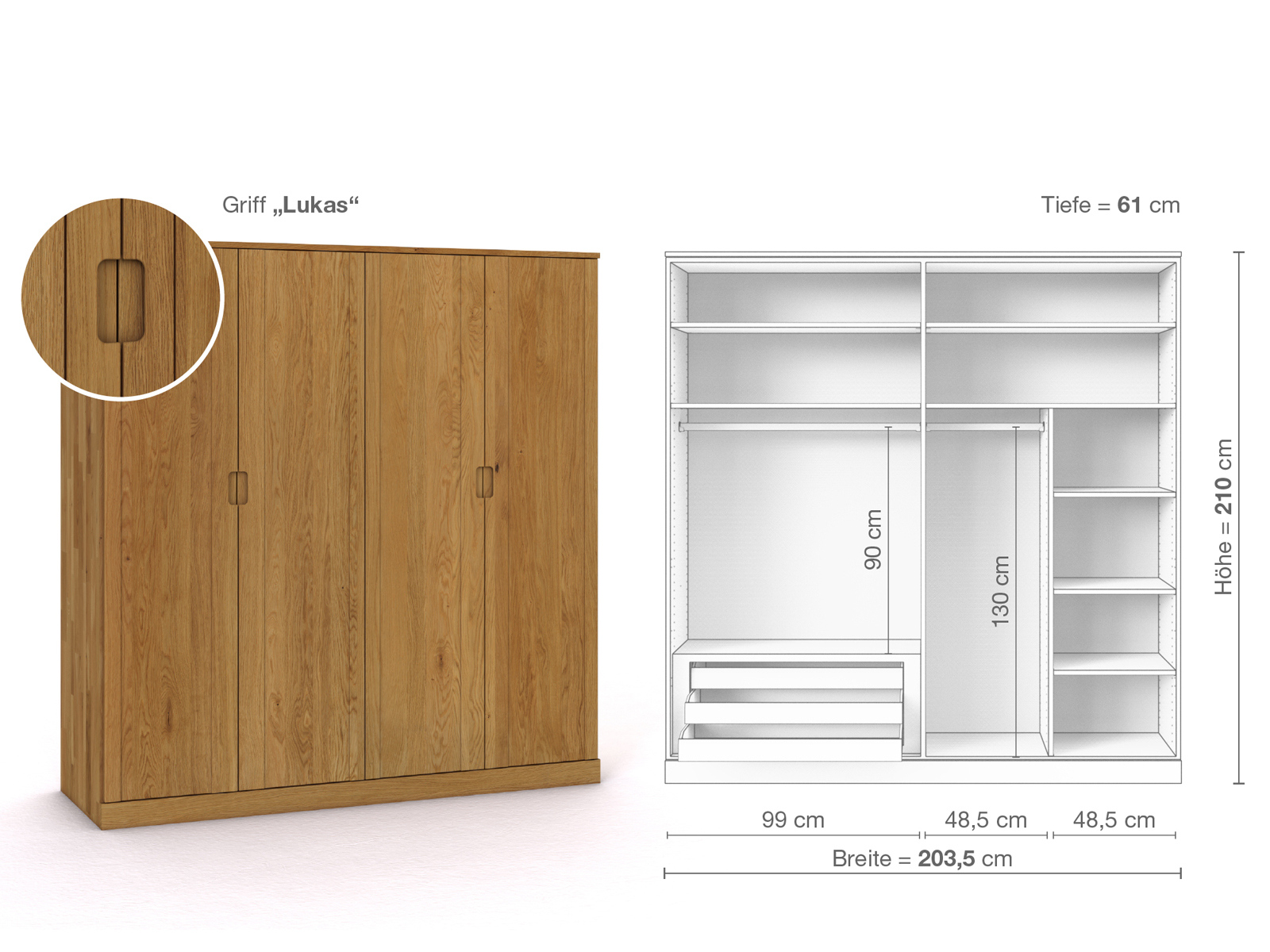 Eichenschrank „Arnika“, 4-türig, Höhe 210 cm, Griffausführung „Lukas“, Inneneinrichtung C