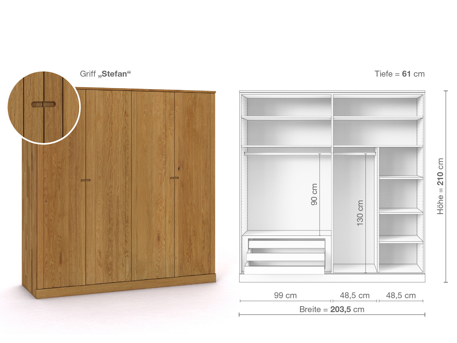 Eichenschrank „Arnika“, 4-türig, Höhe 210 cm, Griffausführung „Stefan“, Inneneinrichtung C