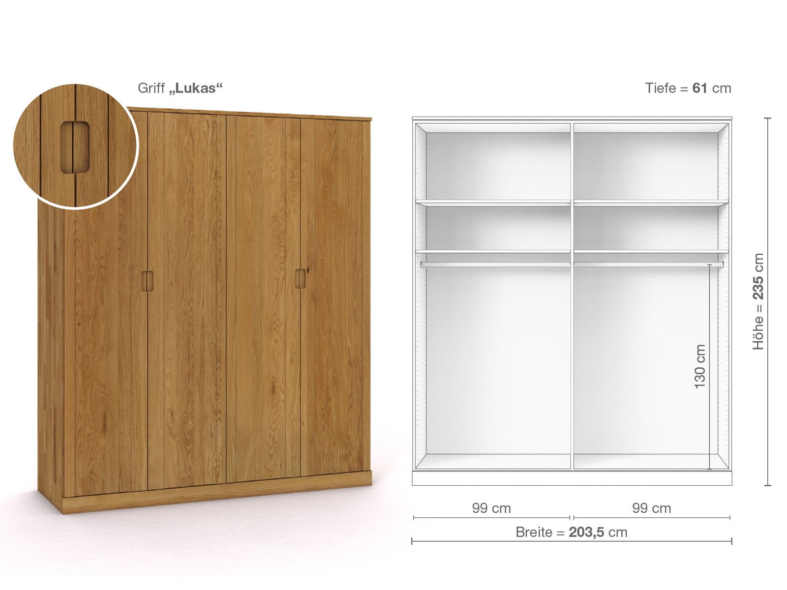 Eichenschrank „Arnika“, 4-türig, Höhe 235 cm, Griffausführung „Lukas“, Inneneinrichtung A