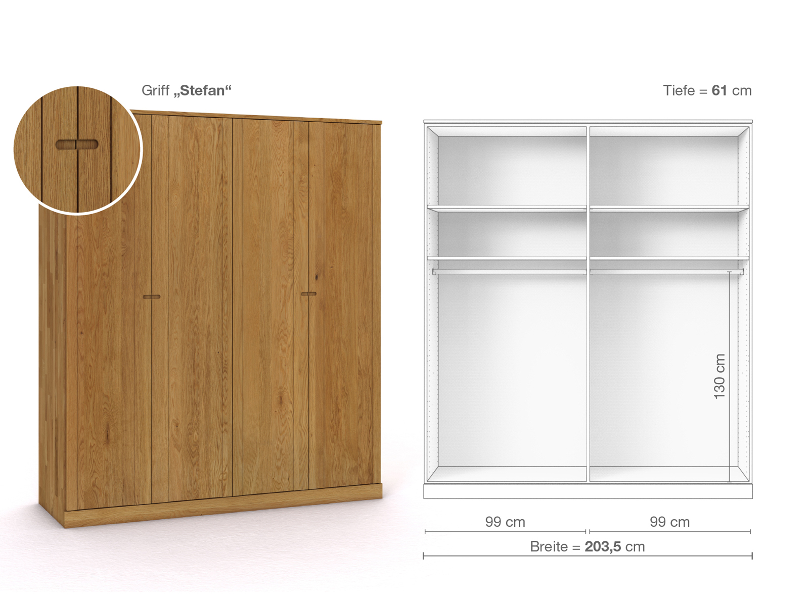 Eichenschrank „Arnika“, 4-türig, Höhe 235 cm, Griffausführung „Stefan“, Inneneinrichtung A