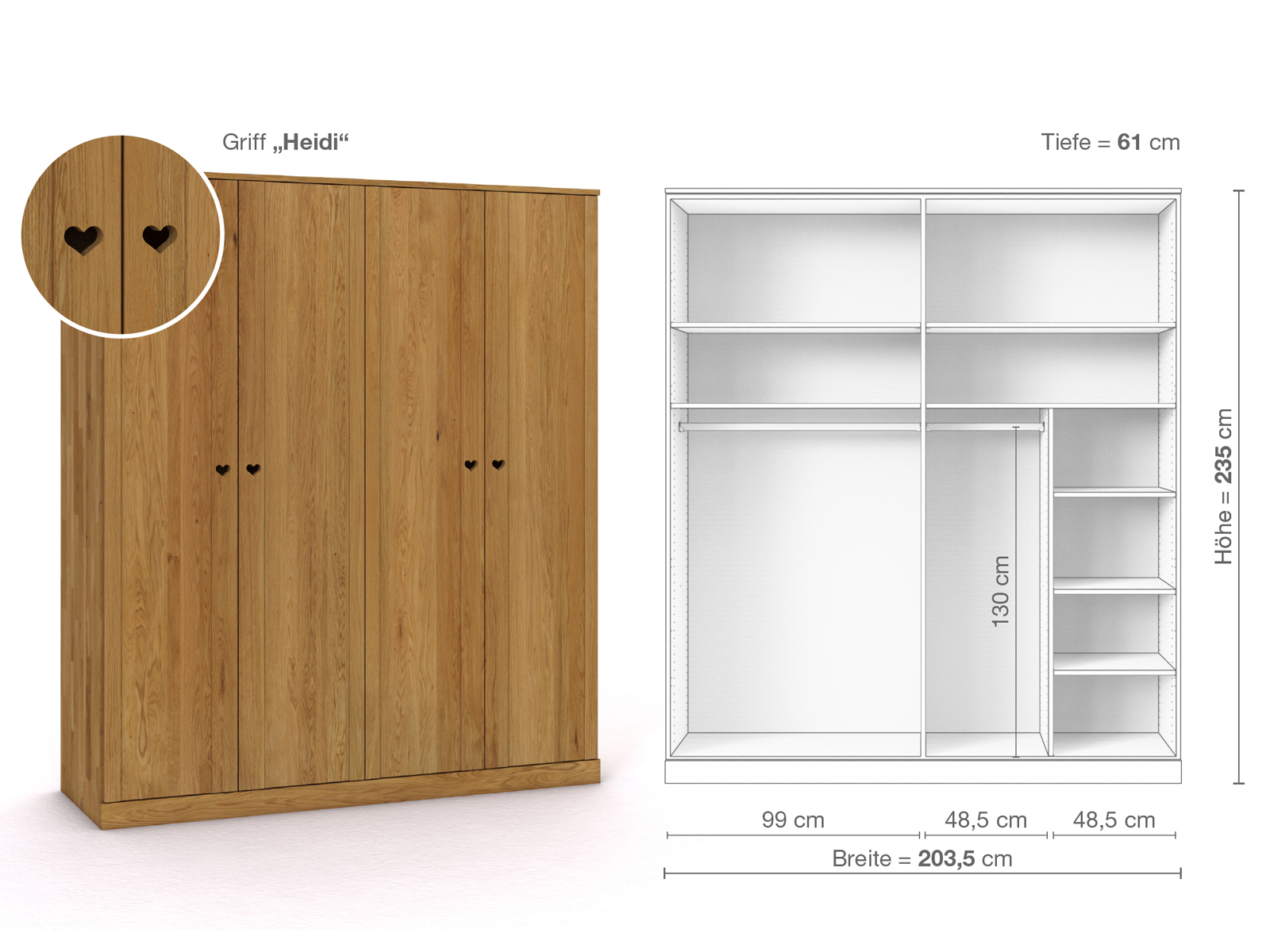 Eichenschrank „Arnika“, 4-türig, Höhe 235 cm, Griffausführung „Heidi“, Inneneinrichtung B