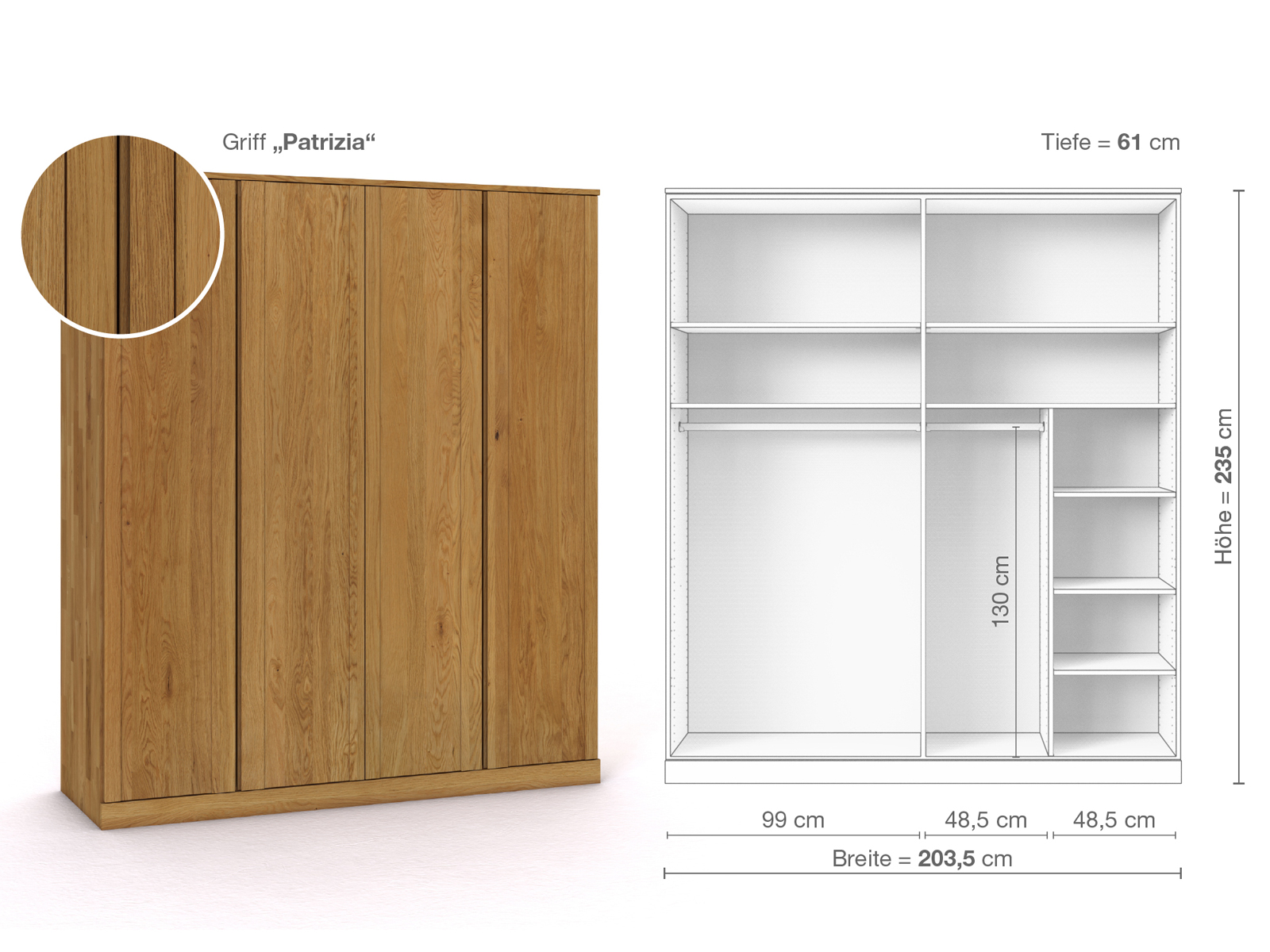 Eichenschrank „Arnika“, 4-türig, Höhe 235 cm, Griffausführung „Patrizia“, Inneneinrichtung B