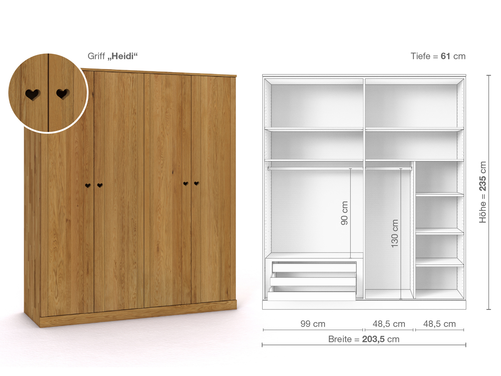 Eichenschrank „Arnika“, 4-türig, Höhe 235 cm, Griffausführung „Heidi“, Inneneinrichtung C