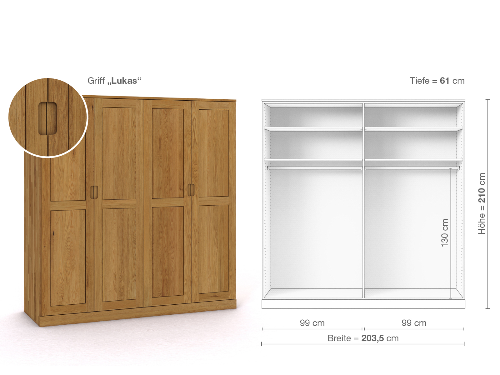 Eichenschrank „Edelweiß“, 4-türig, Höhe 210 cm, Griffausführung „Lukas“, Inneneinrichtung A