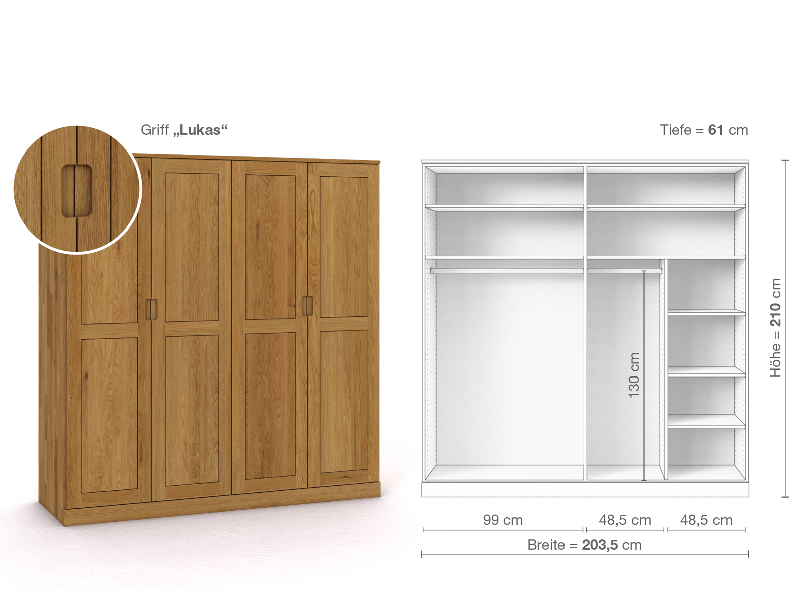 Eichenschrank „Edelweiß“, 4-türig, Höhe 210 cm, Griffausführung „Lukas“, Inneneinrichtung B