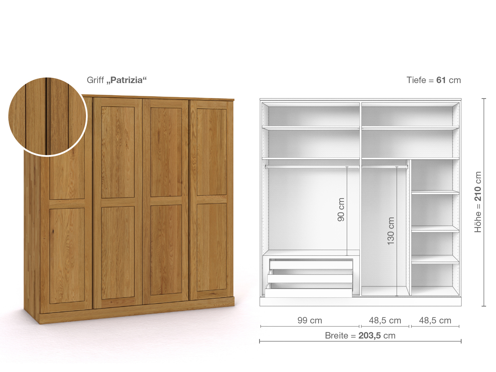 Eichenschrank „Edelweiß“, 4-türig, Höhe 210 cm, Griffausführung „Patrizia“, Inneneinrichtung C