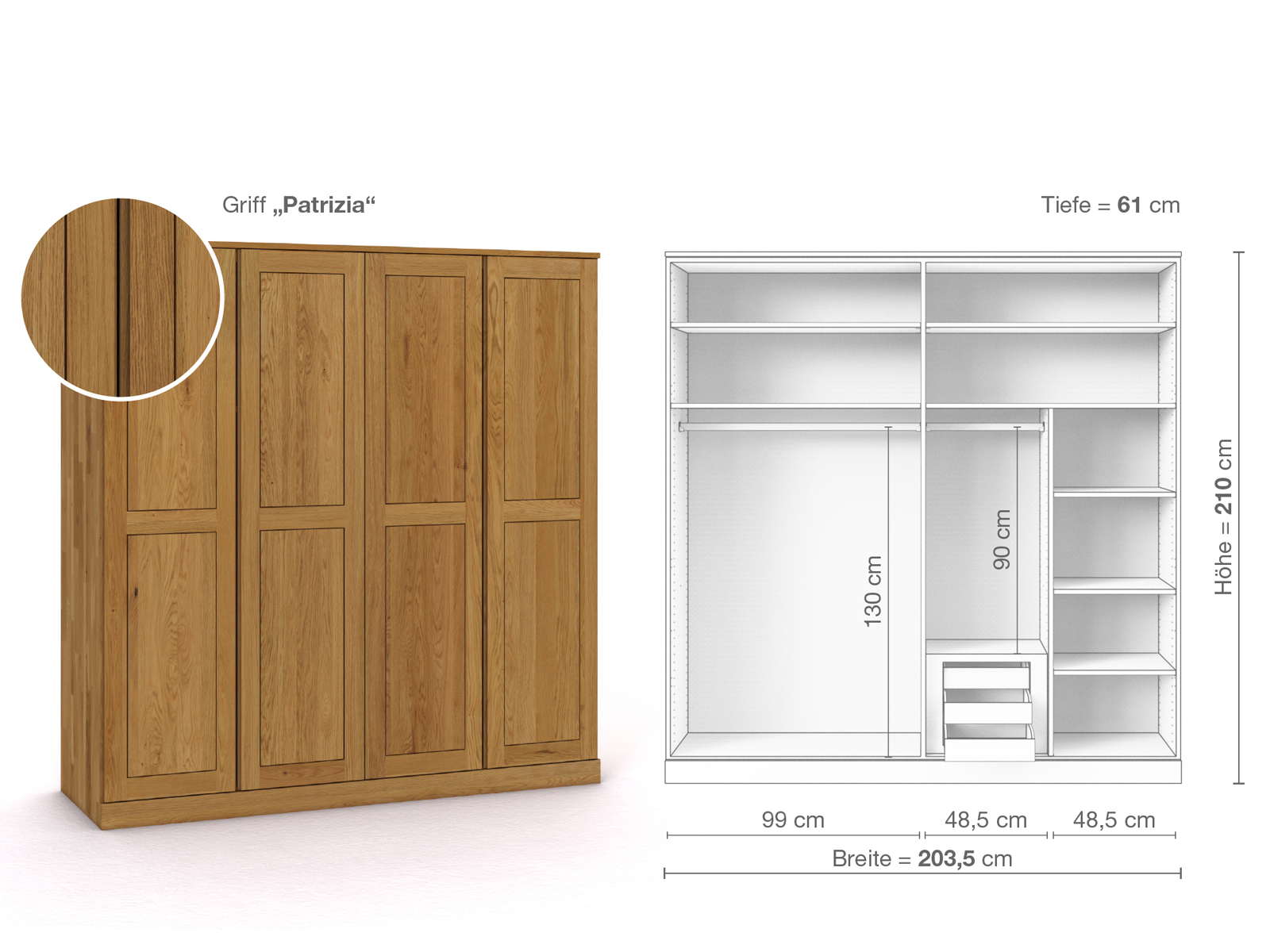 Eichenschrank „Edelweiß“, 4-türig, Höhe 210 cm, Griffausführung „Patrizia“, Inneneinrichtung D