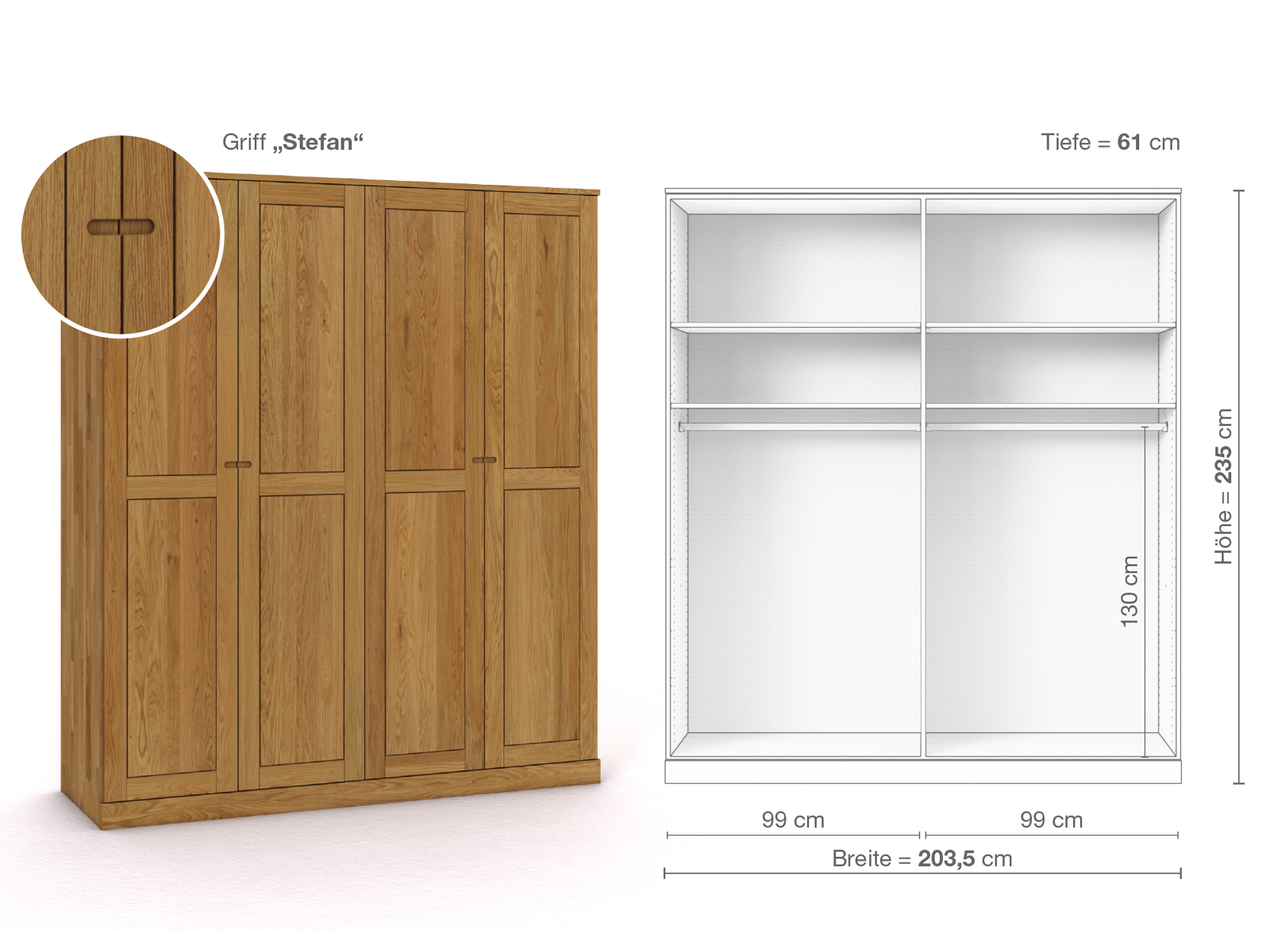 Eichenschrank „Edelweiß“, 4-türig, Höhe 235 cm, Griffausführung „Stefan“, Inneneinrichtung A