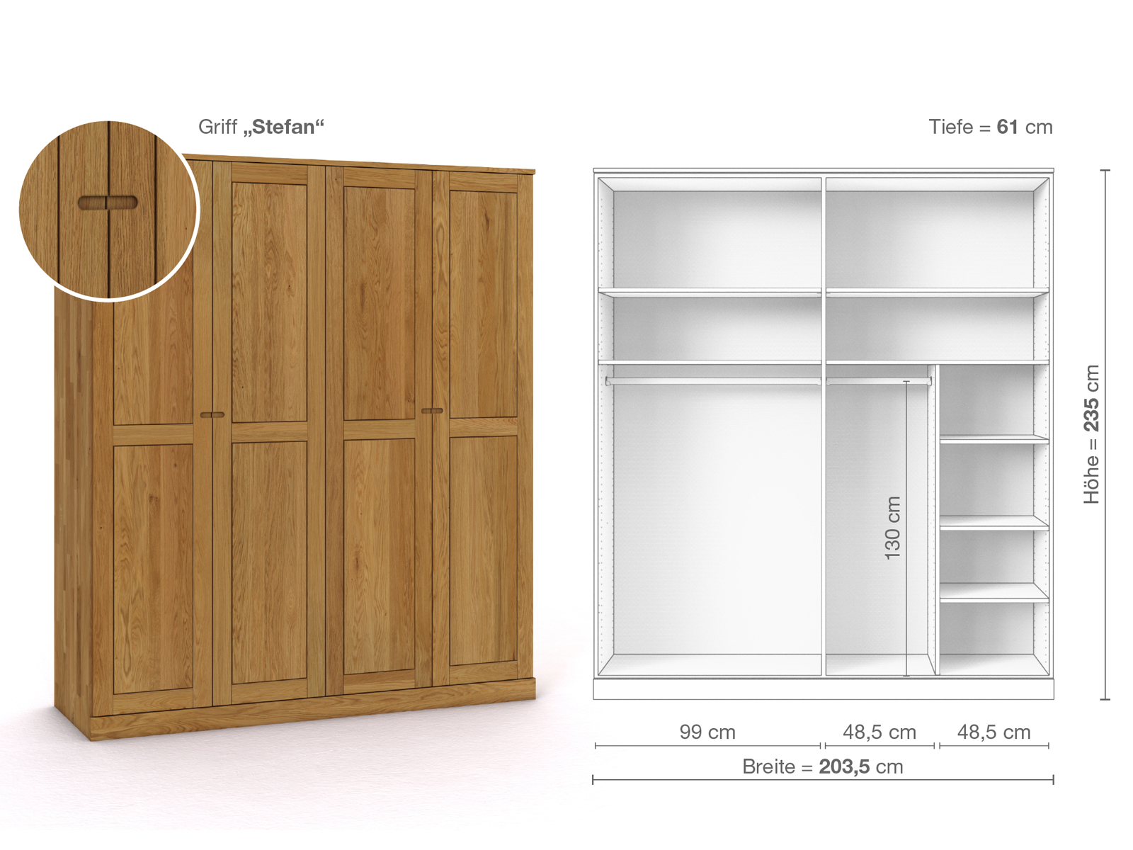 Eichenschrank „Edelweiß“, 4-türig, Höhe 235 cm, Griffausführung „Stefan“, Inneneinrichtung B