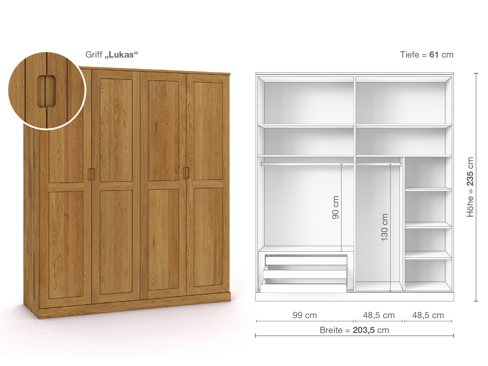 Eichenschrank „Edelweiß“, 4-türig, Höhe 235 cm, Griffausführung „Lukas“, Inneneinrichtung C