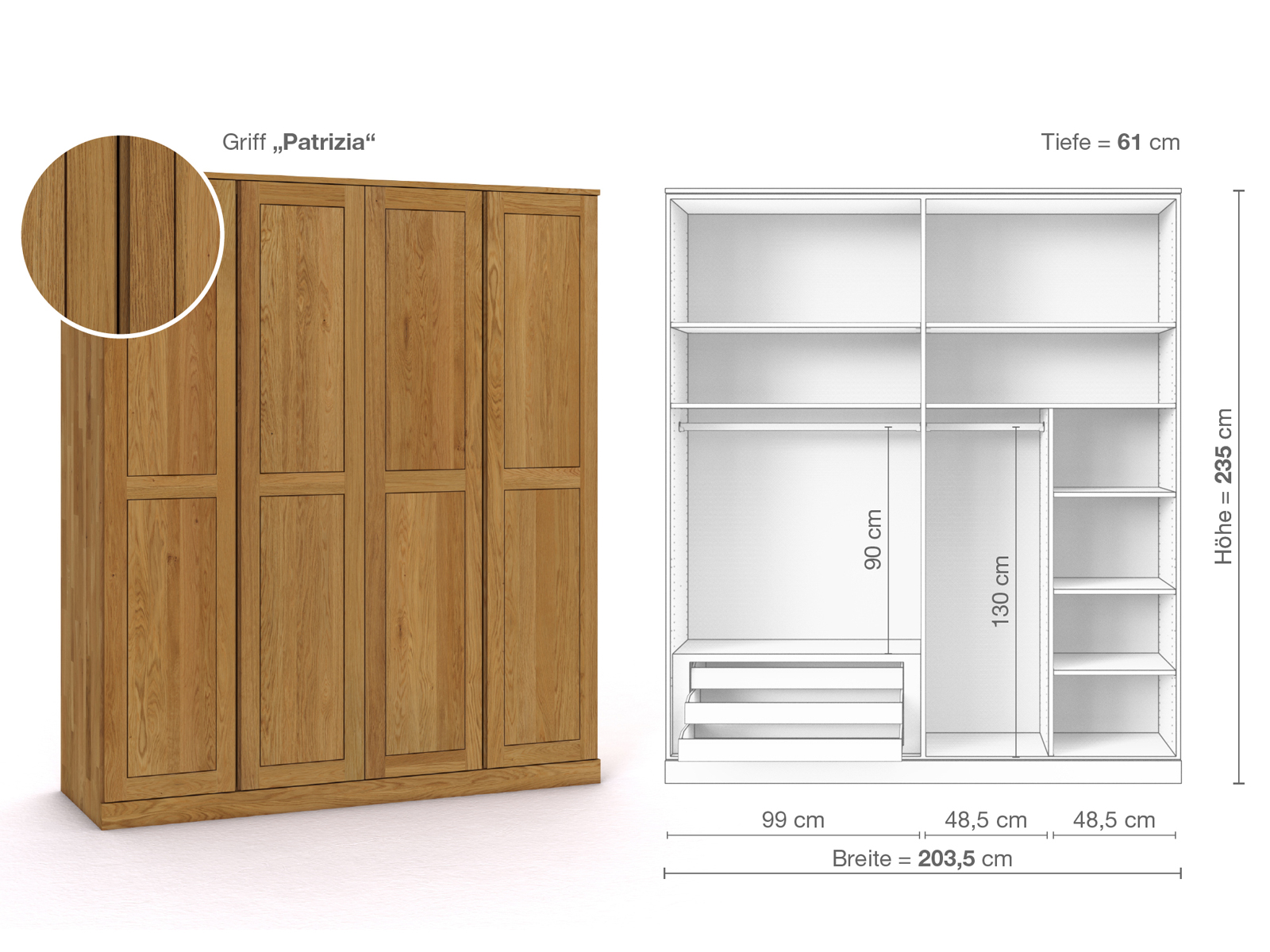 Eichenschrank „Edelweiß“, 4-türig, Höhe 235 cm, Griffausführung „Patrizia“, Inneneinrichtung C