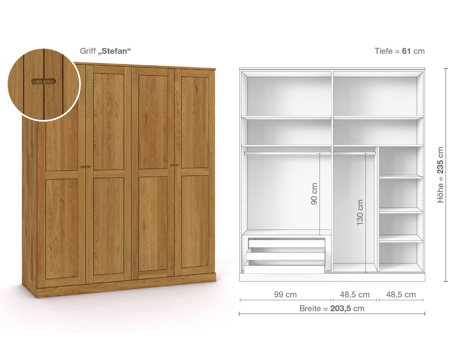 Eichenschrank „Edelweiß“, 4-türig, Höhe 235 cm, Griffausführung „Stefan“, Inneneinrichtung C