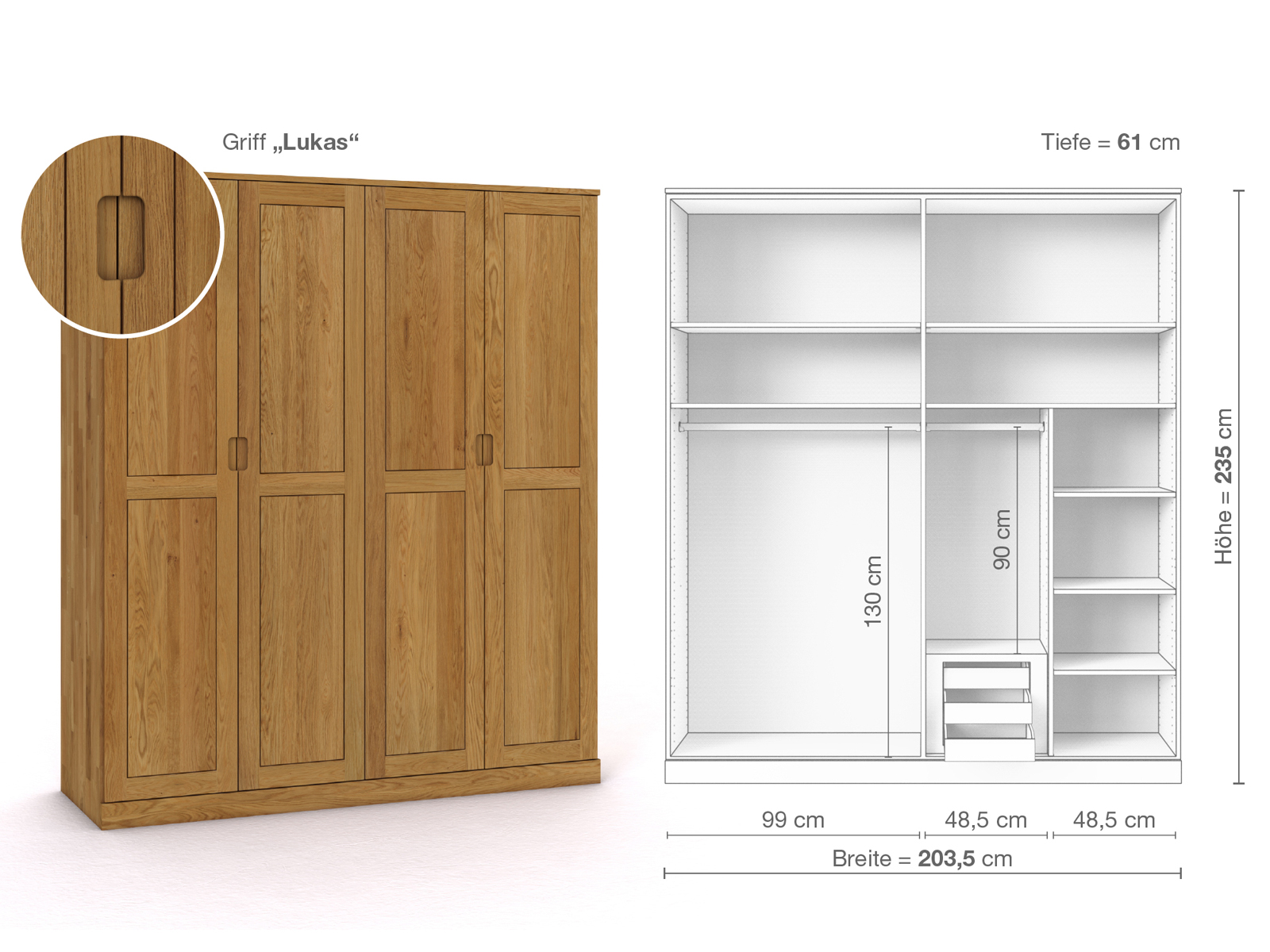 Eichenschrank „Edelweiß“, 4-türig, Höhe 235 cm, Griffausführung „Lukas“, Inneneinrichtung D