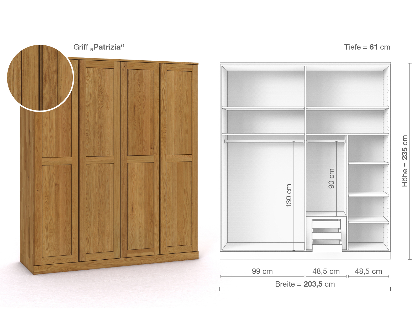 Eichenschrank „Edelweiß“, 4-türig, Höhe 235 cm, Griffausführung „Patrizia“, Inneneinrichtung D