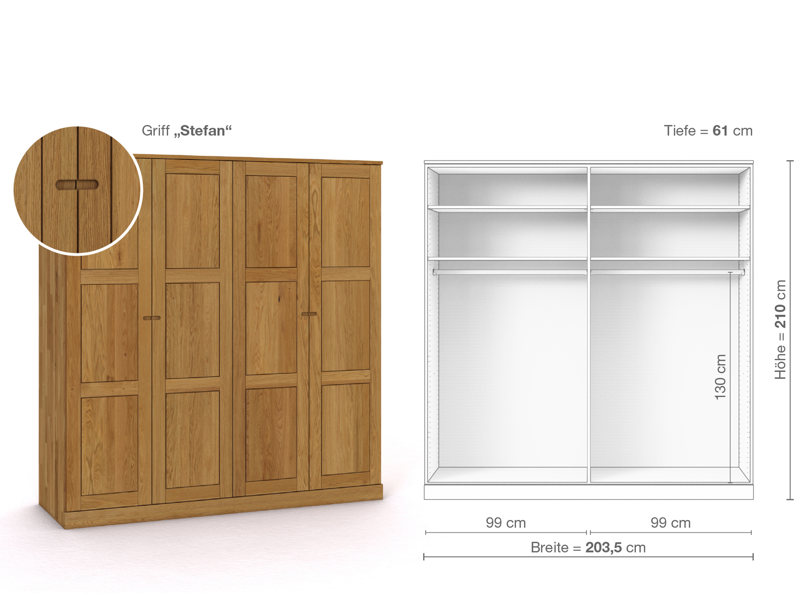 Eichenschrank „Enzian“, 4-türig, Höhe 210 cm, Griffausführung „Stefan“, Inneneinrichtung A