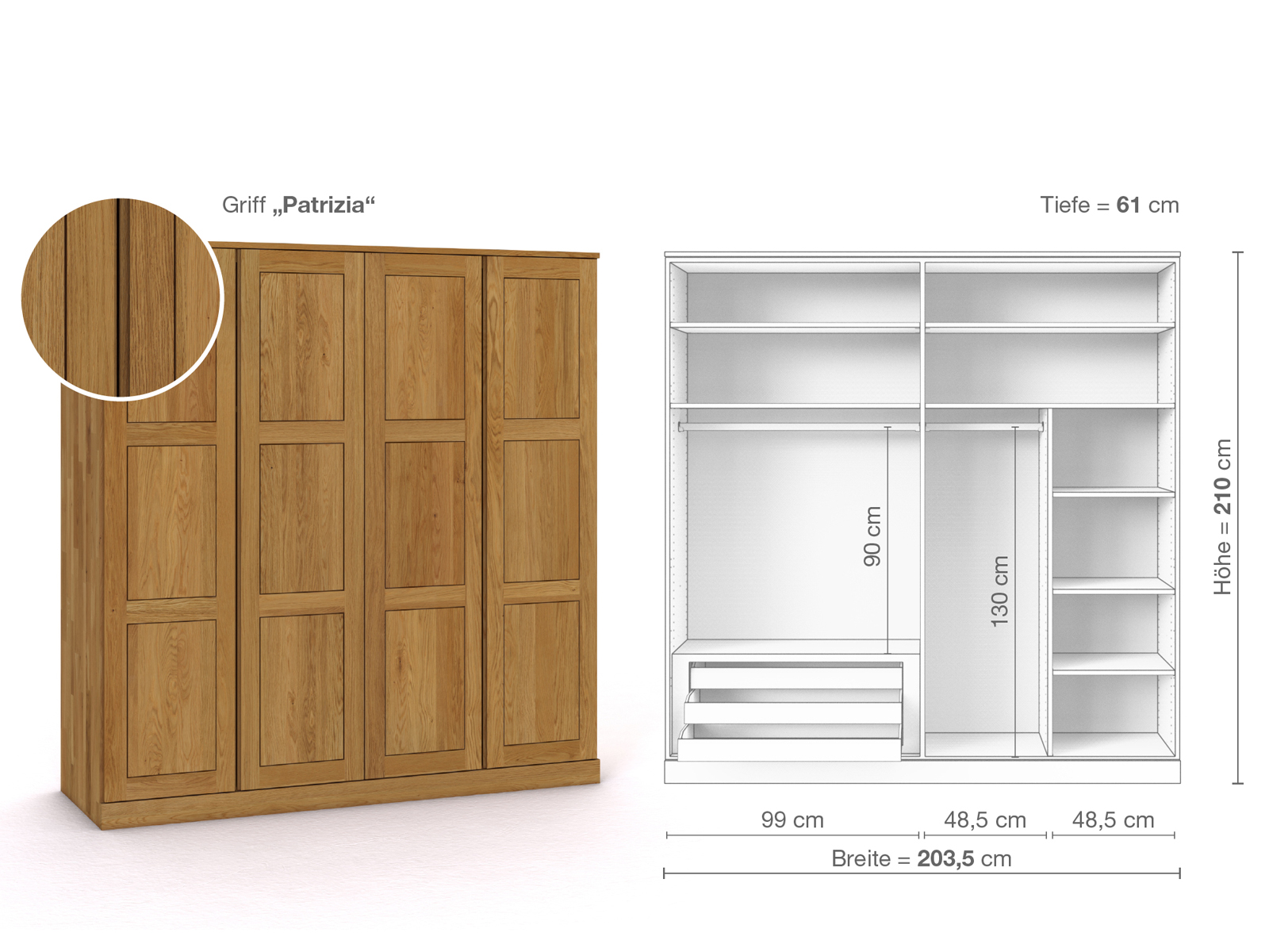 Eichenschrank „Enzian“, 4-türig, Höhe 210 cm, Griffausführung „Patrizia“, Inneneinrichtung C