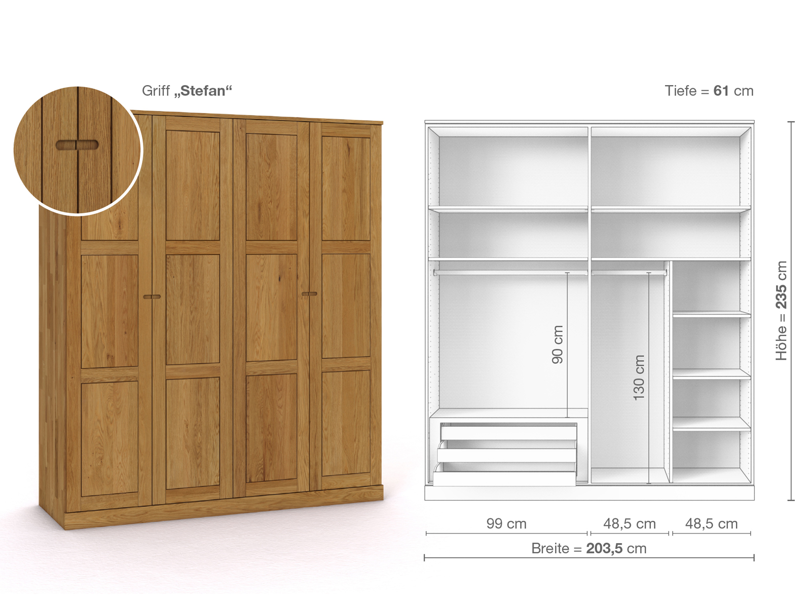 Eichenschrank „Enzian“, 4-türig, Höhe 235 cm, Griffausführung „Stefan“, Inneneinrichtung C