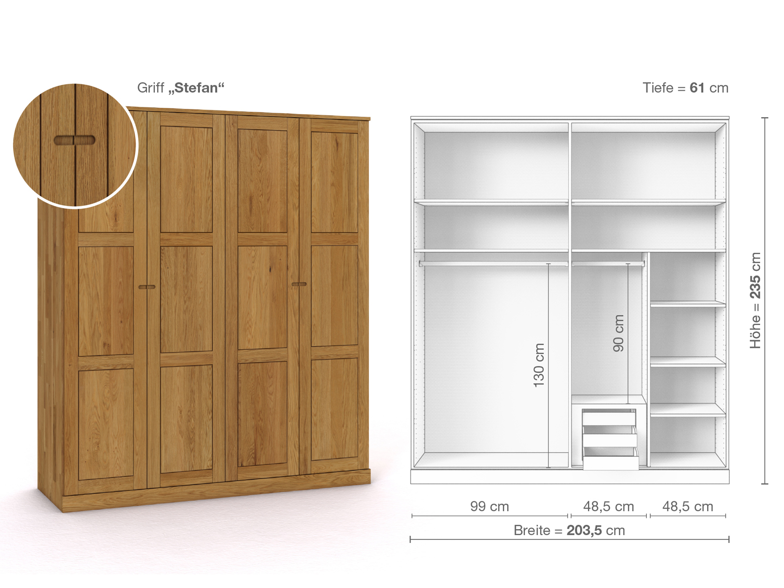 Eichenschrank „Enzian“, 4-türig, Höhe 235 cm, Griffausführung „Stefan“, Inneneinrichtung D