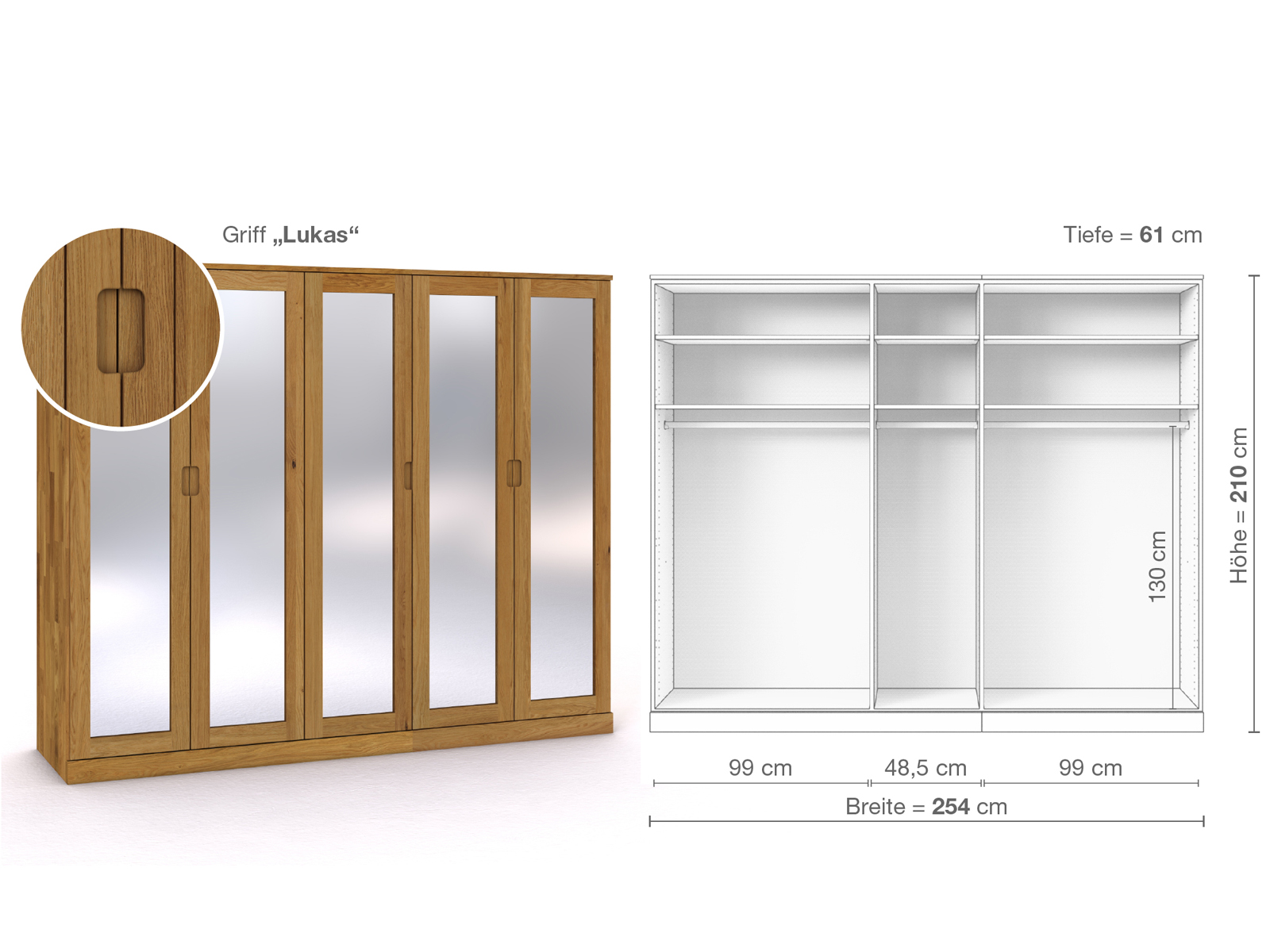 Eichenschrank „Alpenrose“, 5-türig, Höhe 210 cm, Griffausführung „Lukas“, Inneneinrichtung A