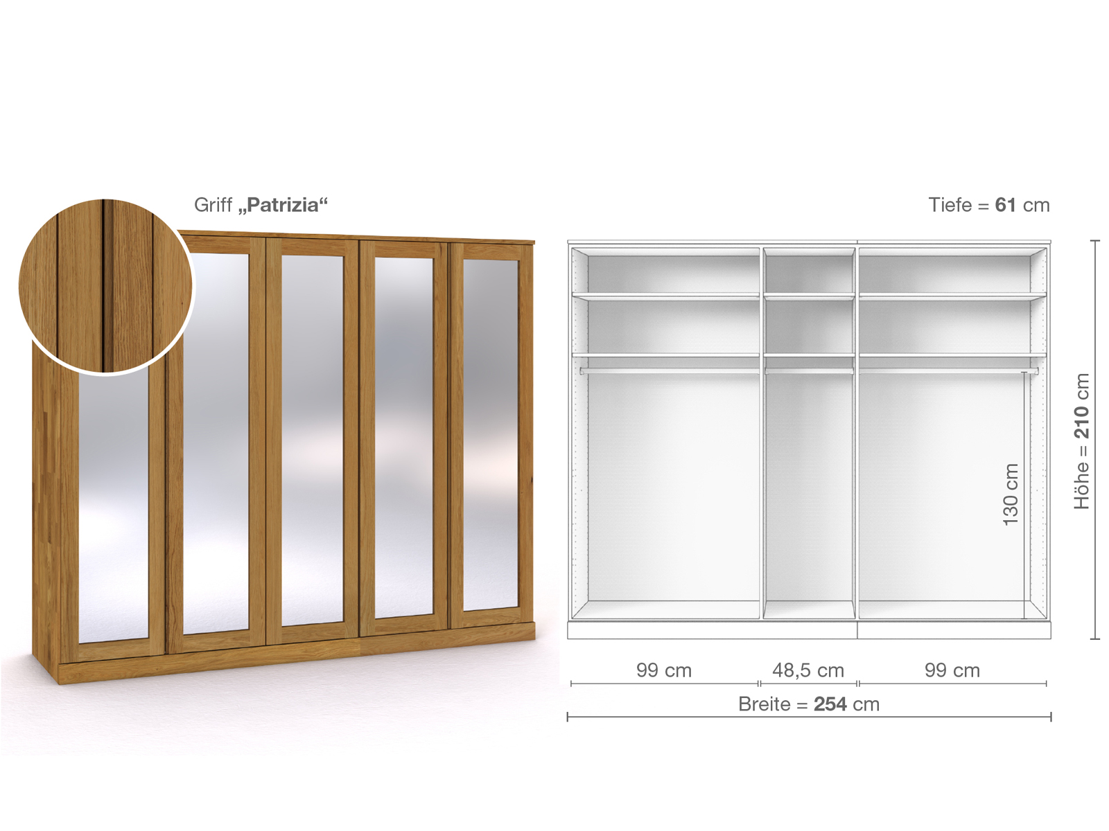 Eichenschrank „Alpenrose“, 5-türig, Höhe 210 cm, Griffausführung „Patrizia“, Inneneinrichtung A