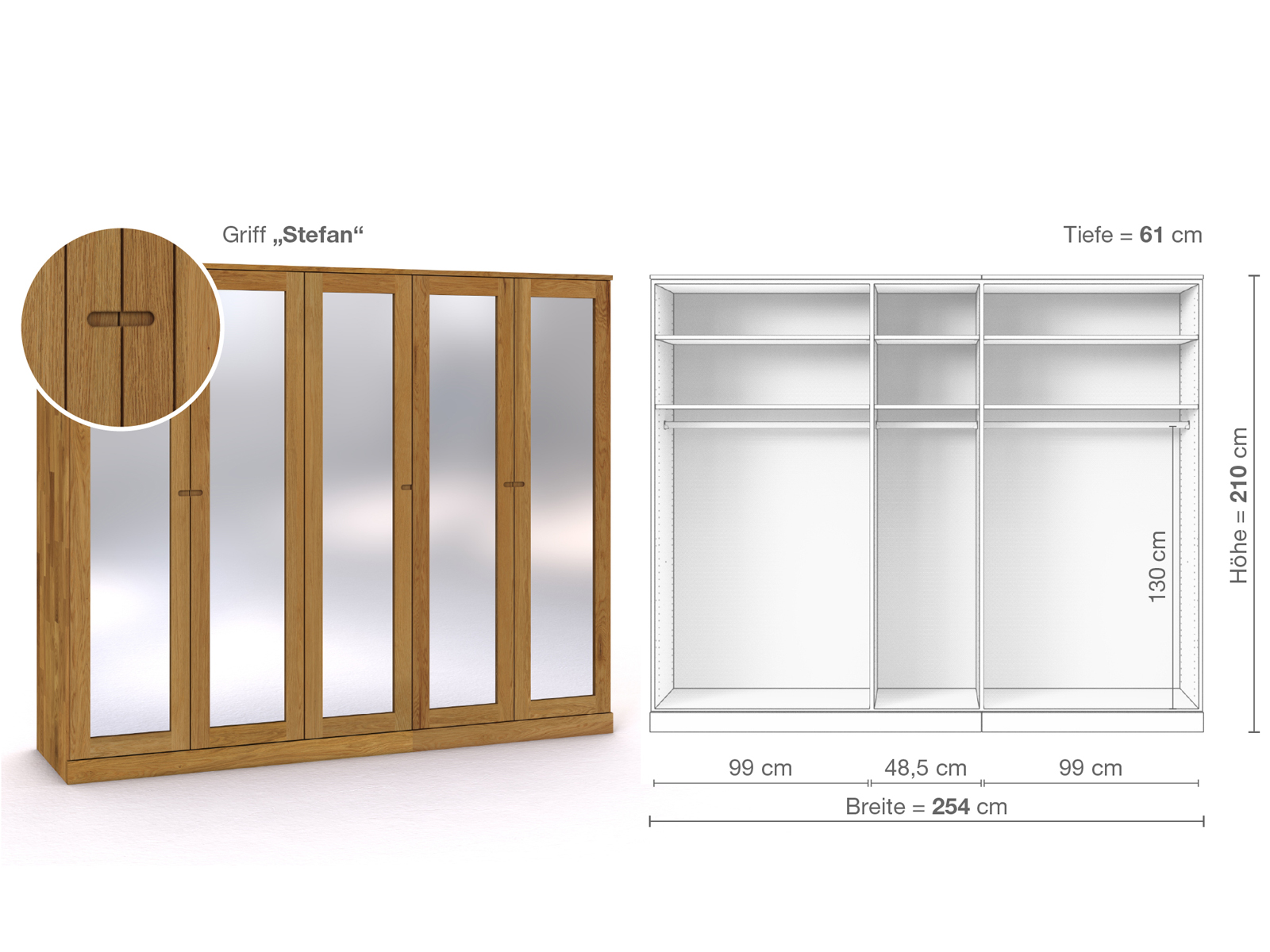 Eichenschrank „Alpenrose“, 5-türig, Höhe 210 cm, Griffausführung „Stefan“, Inneneinrichtung A