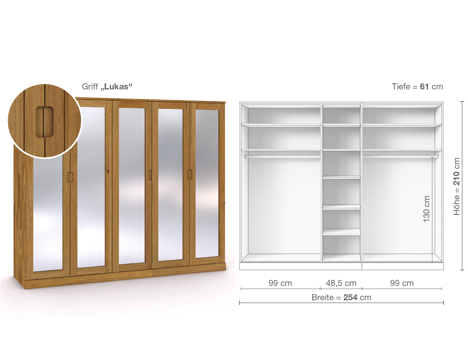 Eichenschrank „Alpenrose“, 5-türig, Höhe 210 cm, Griffausführung „Lukas“, Inneneinrichtung B