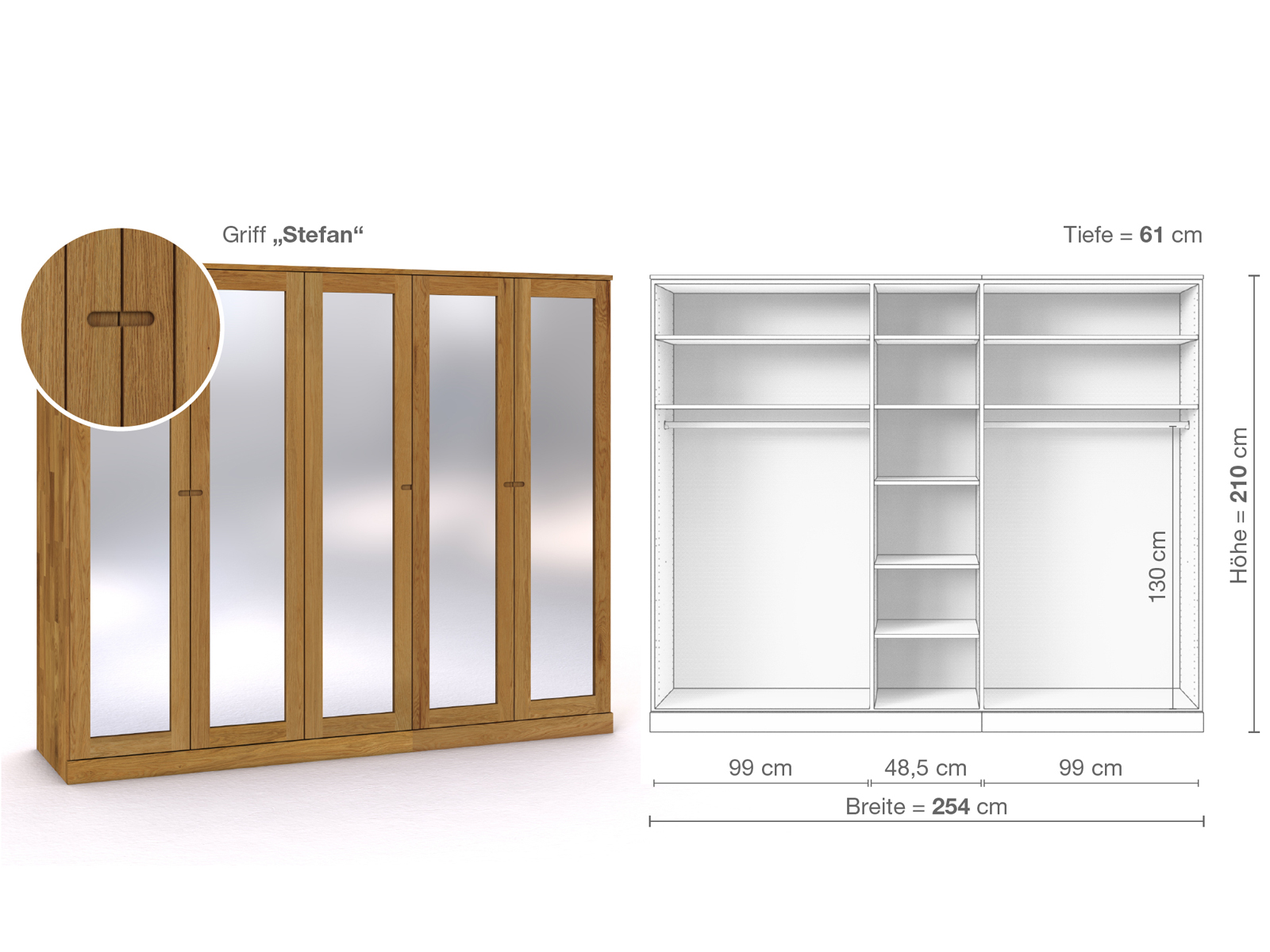 Eichenschrank „Alpenrose“, 5-türig, Höhe 210 cm, Griffausführung „Stefan“, Inneneinrichtung B