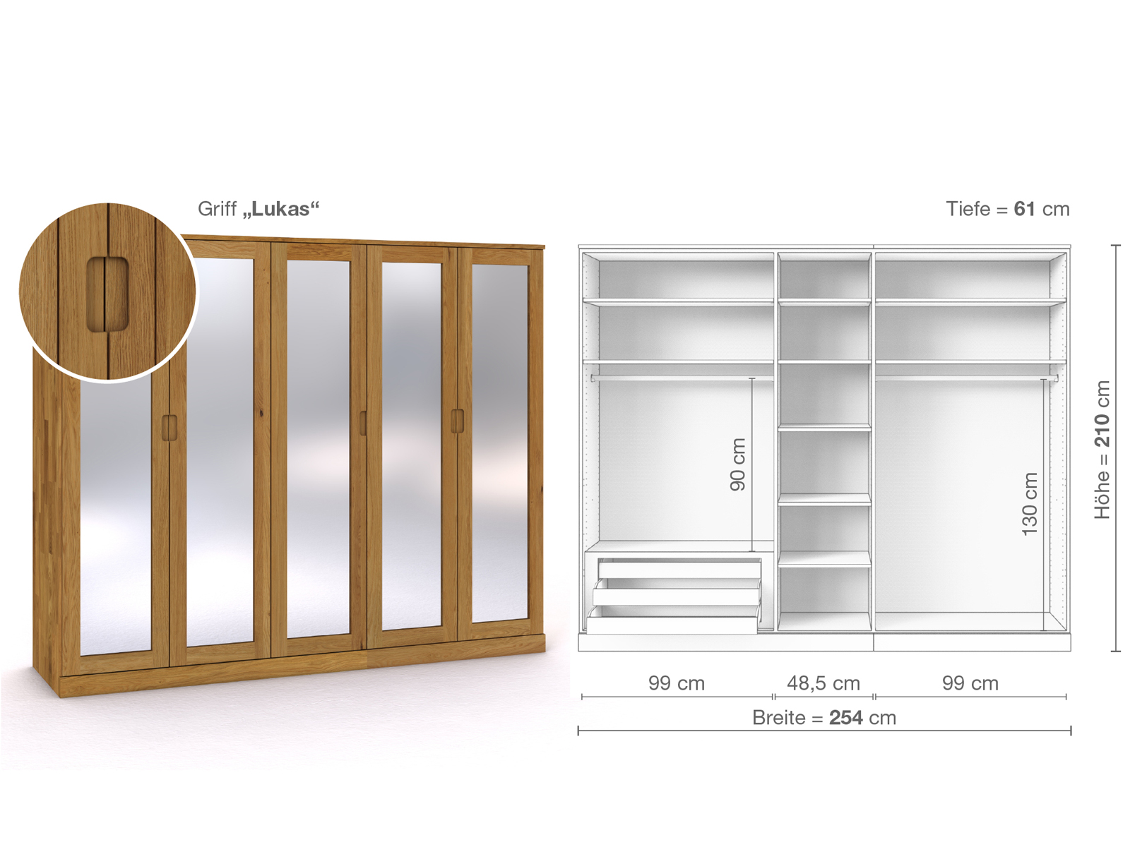 Eichenschrank „Alpenrose“, 5-türig, Höhe 210 cm, Griffausführung „Lukas“, Inneneinrichtung C