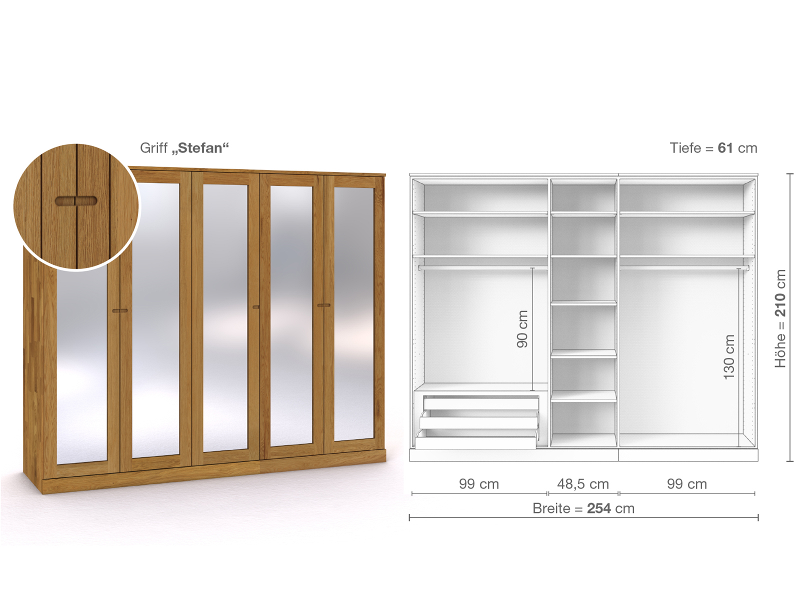 Eichenschrank „Alpenrose“, 5-türig, Höhe 210 cm, Griffausführung „Stefan“, Inneneinrichtung C