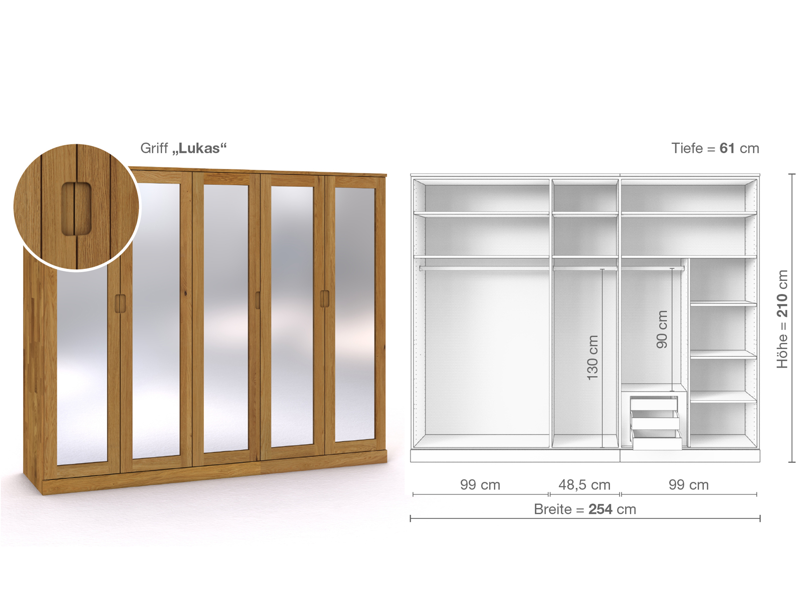 Eichenschrank „Alpenrose“, 5-türig, Höhe 210 cm, Griffausführung „Lukas“, Inneneinrichtung D