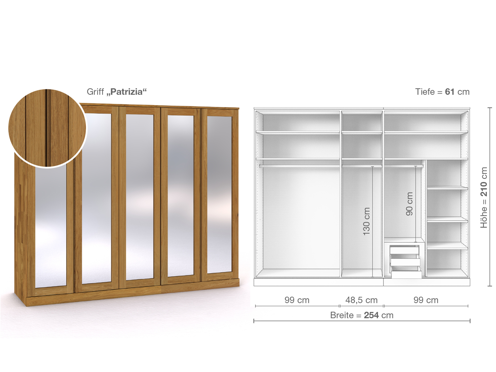 Eichenschrank „Alpenrose“, 5-türig, Höhe 210 cm, Griffausführung „Patrizia“, Inneneinrichtung D