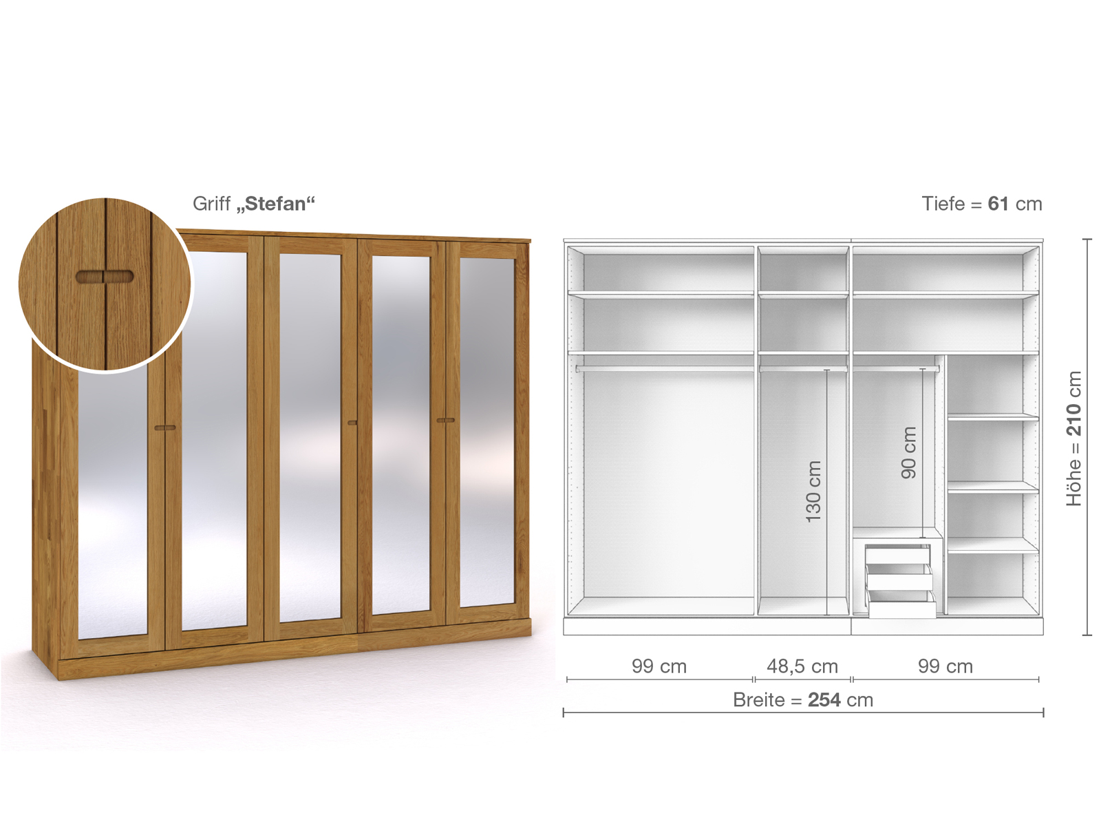 Eichenschrank „Alpenrose“, 5-türig, Höhe 210 cm, Griffausführung „Stefan“, Inneneinrichtung D