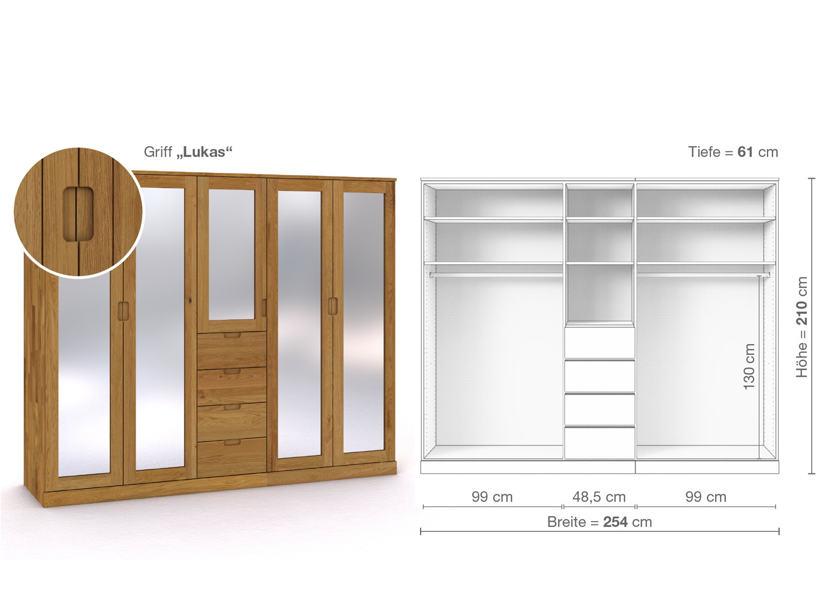 Eichenschrank „Alpenrose“, 5-türig, Höhe 210 cm, Griffausführung „Lukas“, Inneneinrichtung E