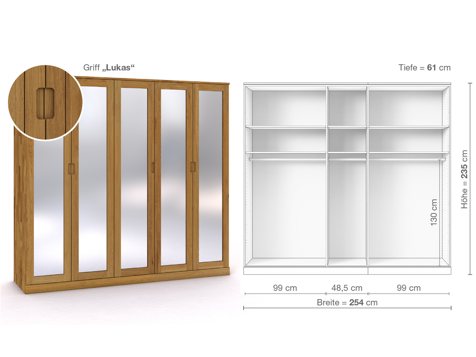 Eichenschrank „Alpenrose“, 5-türig, Höhe 235 cm, Griffausführung „Lukas“, Inneneinrichtung A