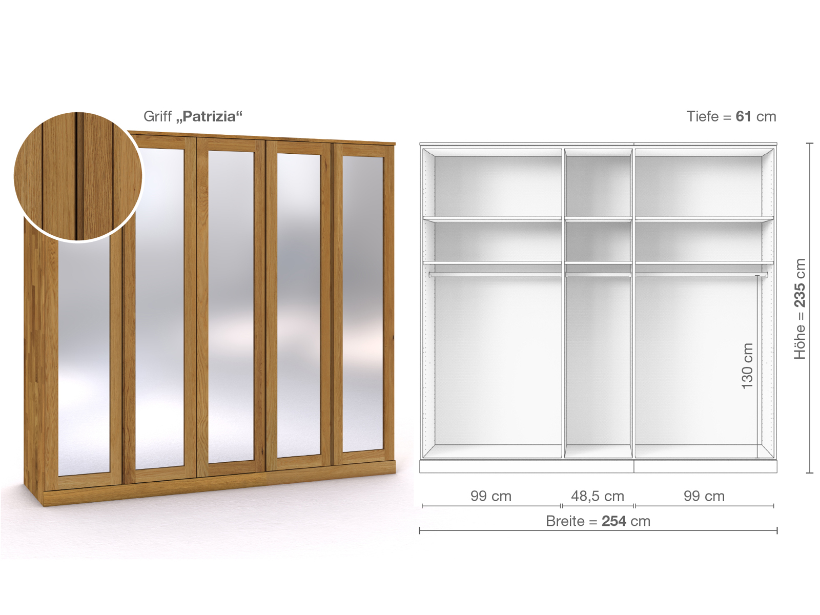 Eichenschrank „Alpenrose“, 5-türig, Höhe 235 cm, Griffausführung „Patrizia“, Inneneinrichtung A