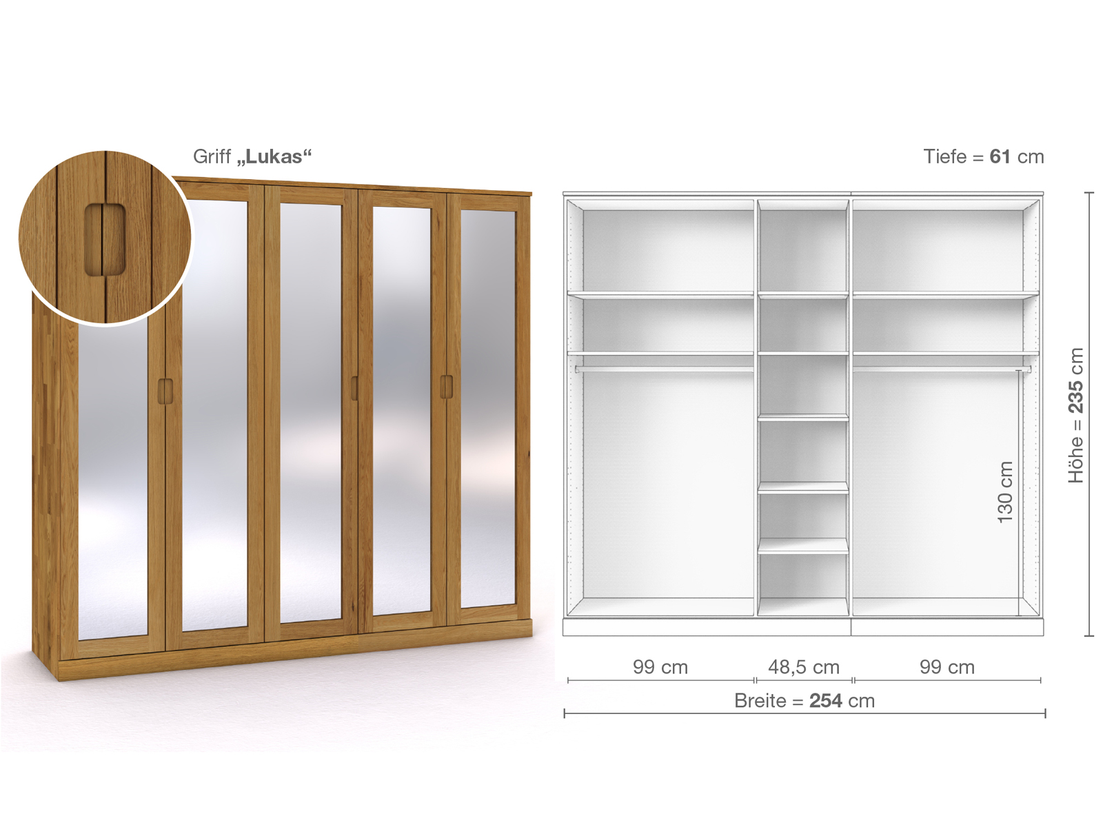 Eichenschrank „Alpenrose“, 5-türig, Höhe 235 cm, Griffausführung „Lukas“, Inneneinrichtung B