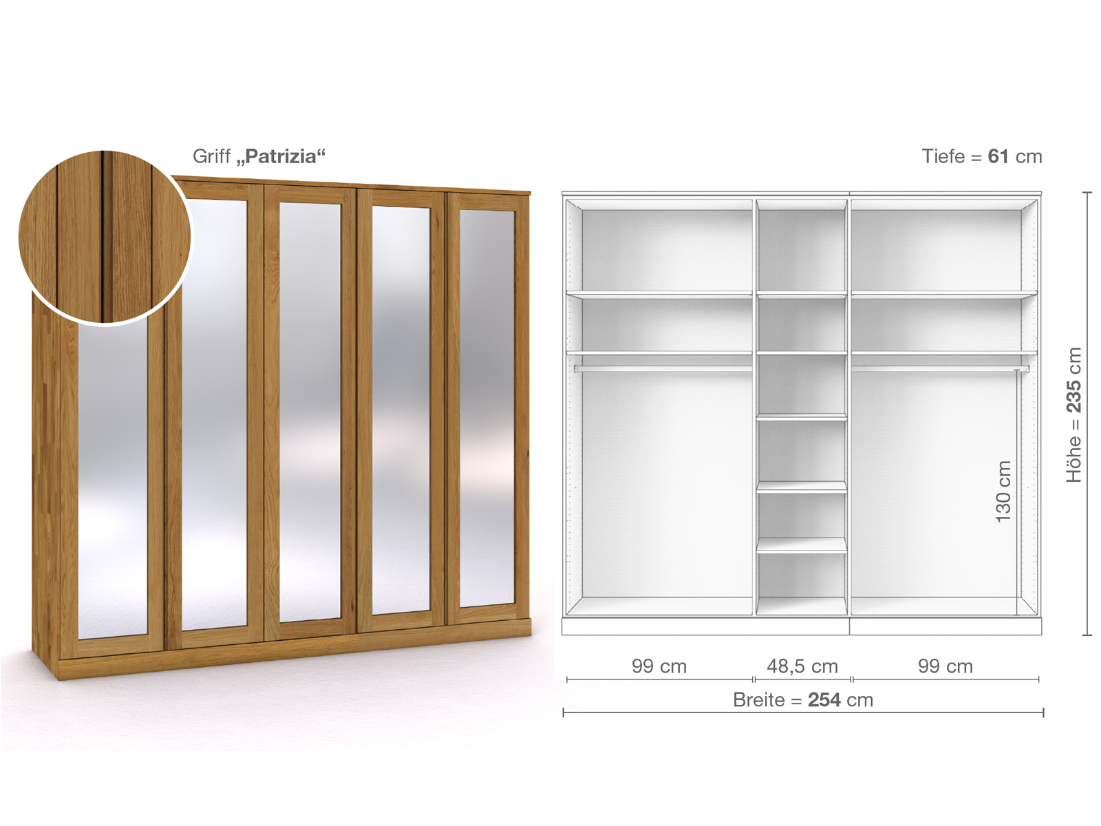 Eichenschrank „Alpenrose“, 5-türig, Höhe 235 cm, Griffausführung „Patrizia“, Inneneinrichtung B