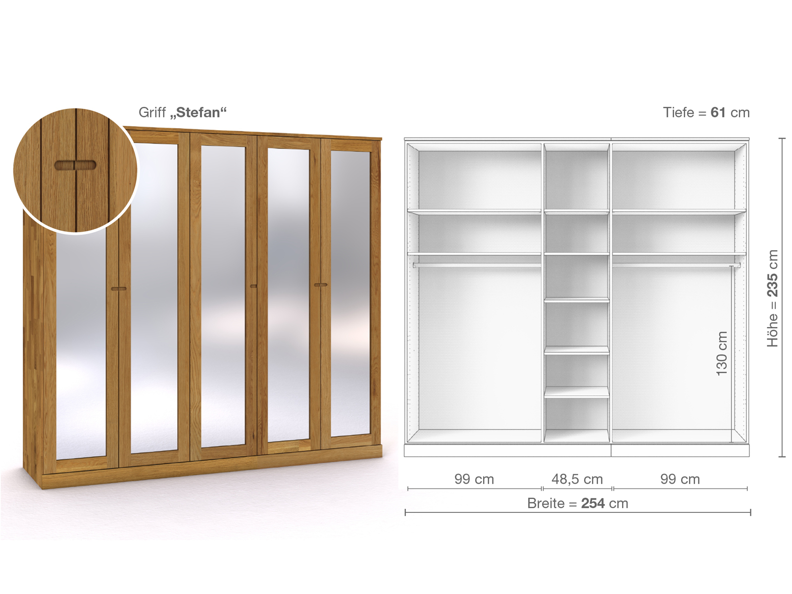 Eichenschrank „Alpenrose“, 5-türig, Höhe 235 cm, Griffausführung „Stefan“, Inneneinrichtung B