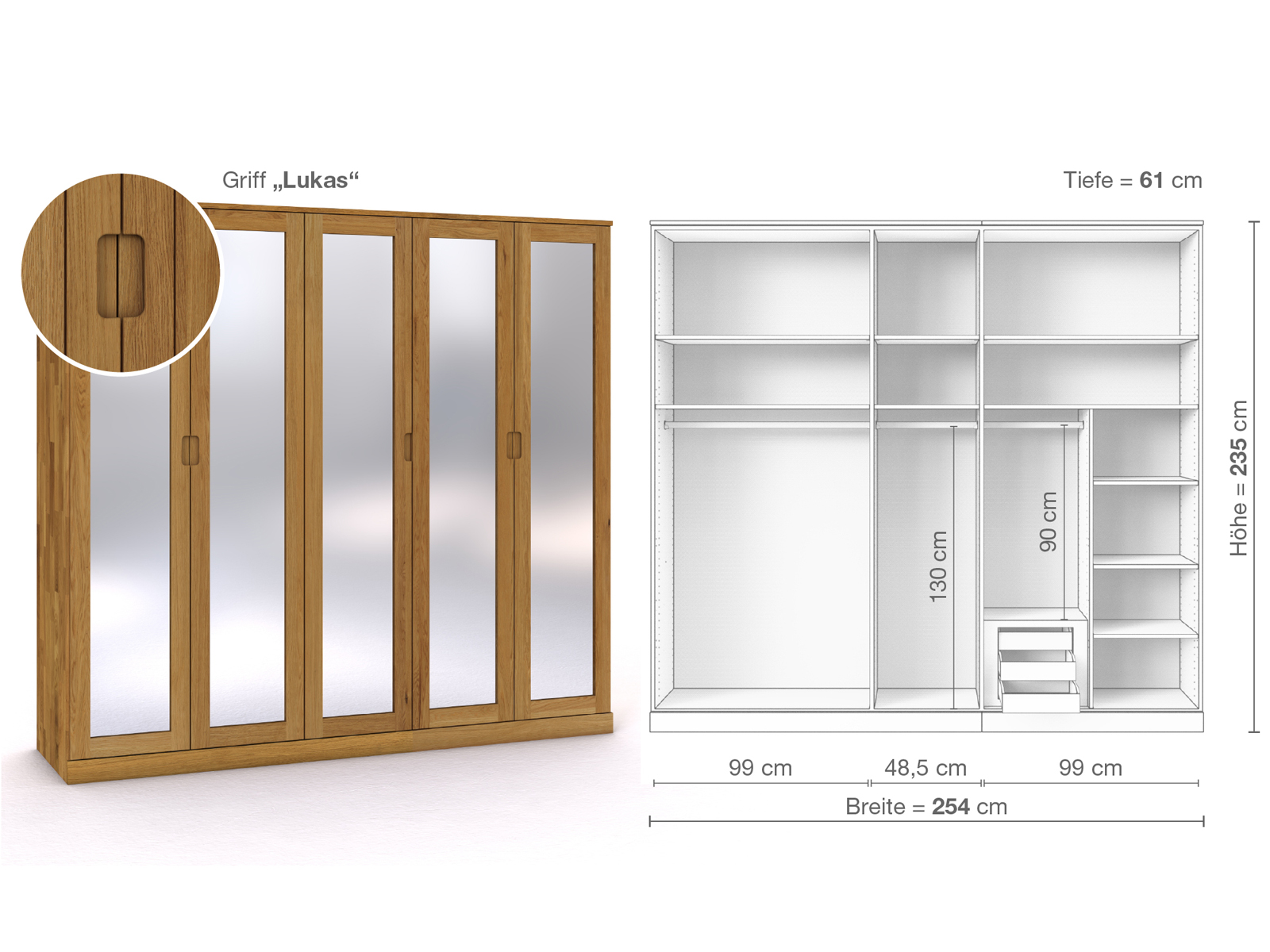 Eichenschrank „Alpenrose“, 5-türig, Höhe 235 cm, Griffausführung „Lukas“, Inneneinrichtung D